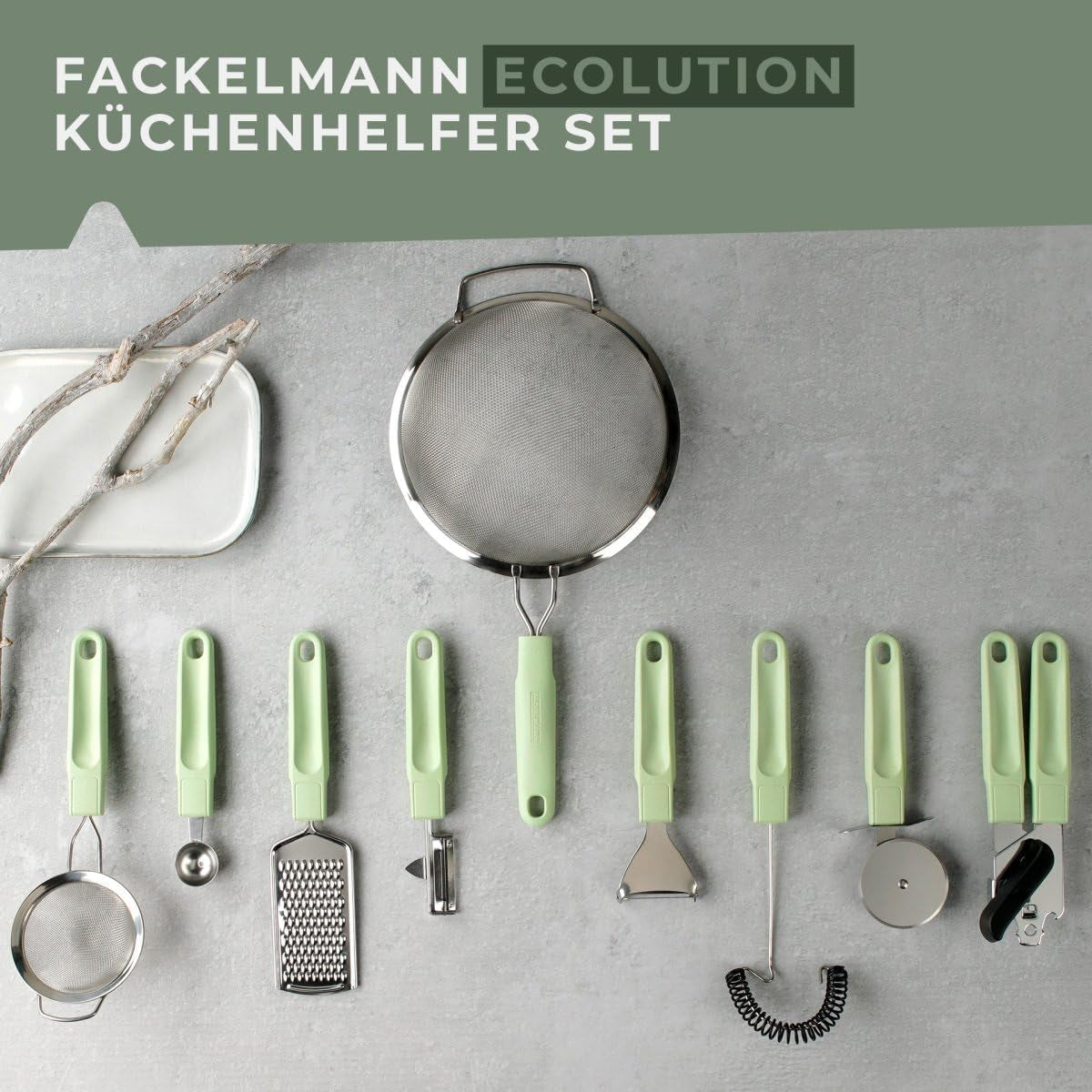 Fackelmann Ecolution Baller - Balle à fruits et à beurre en fibres de bois, bioplastique et acier inoxydable - Cuillère Paris 18 x 3 cm, vert menthe