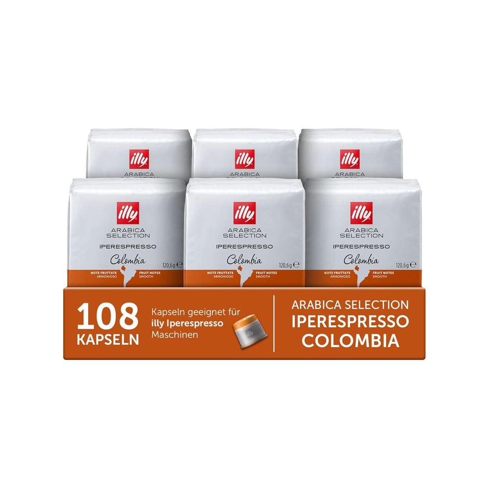 illy, Iperespresso Arabica Selection Kolombien, 100% Arabica mit Fruchtigen Noten von Zitrusfrüchten und Roten Früchten, Gesmack mit Tarter Säure, 6 Packungen à 18 Kapseln (Insgesamt 108 Kapseln)