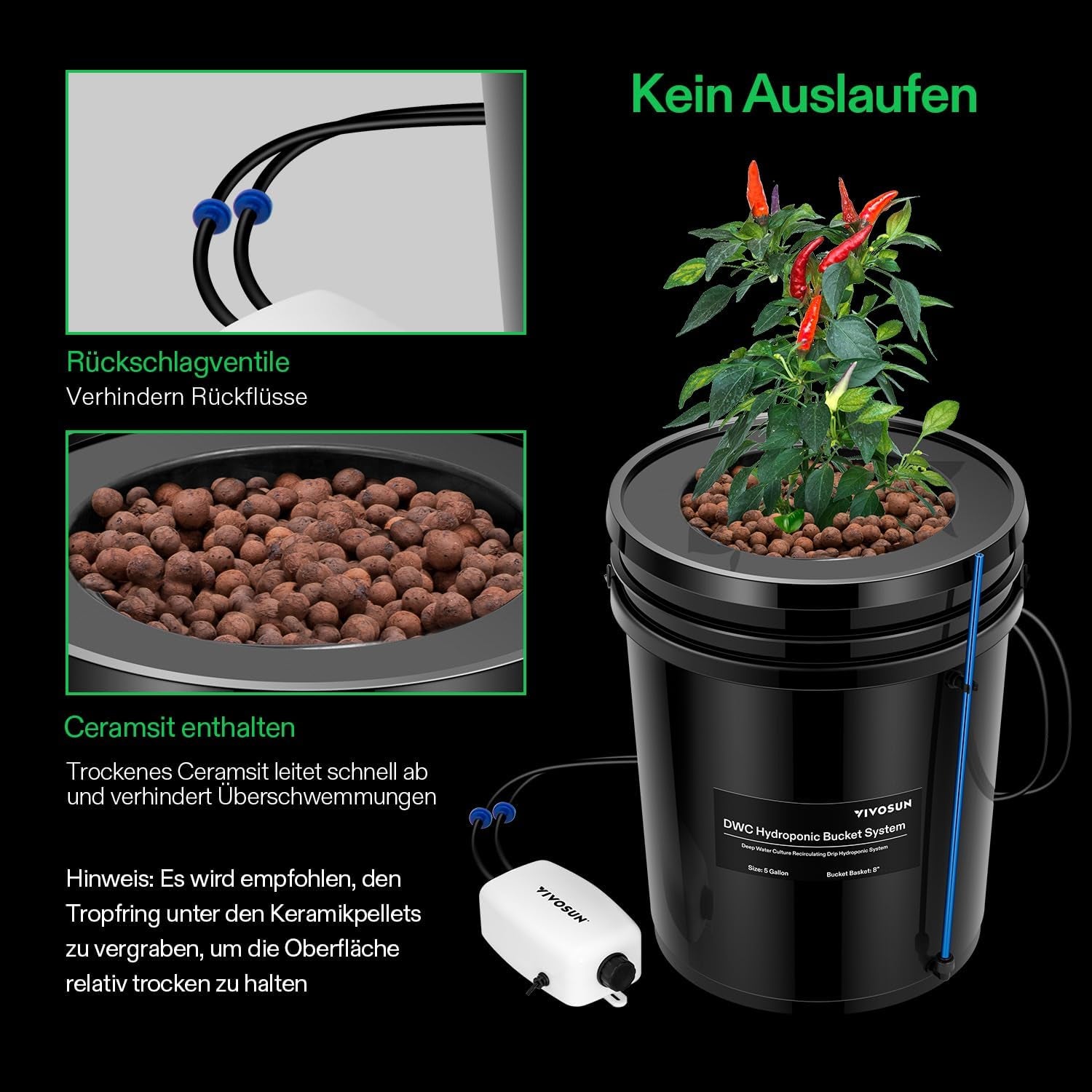 VIVOSUN DWC Hydrokultur Anbausystem mit Topf-Dripkit, 5-Gallonen Tiefwasserkultur, Umwälz-Tropfgartensystem mit Mehrzweck-Luftschlauch, 8W Luftpumpe and Luftstein (1 seau + Top-Drip-Kit)