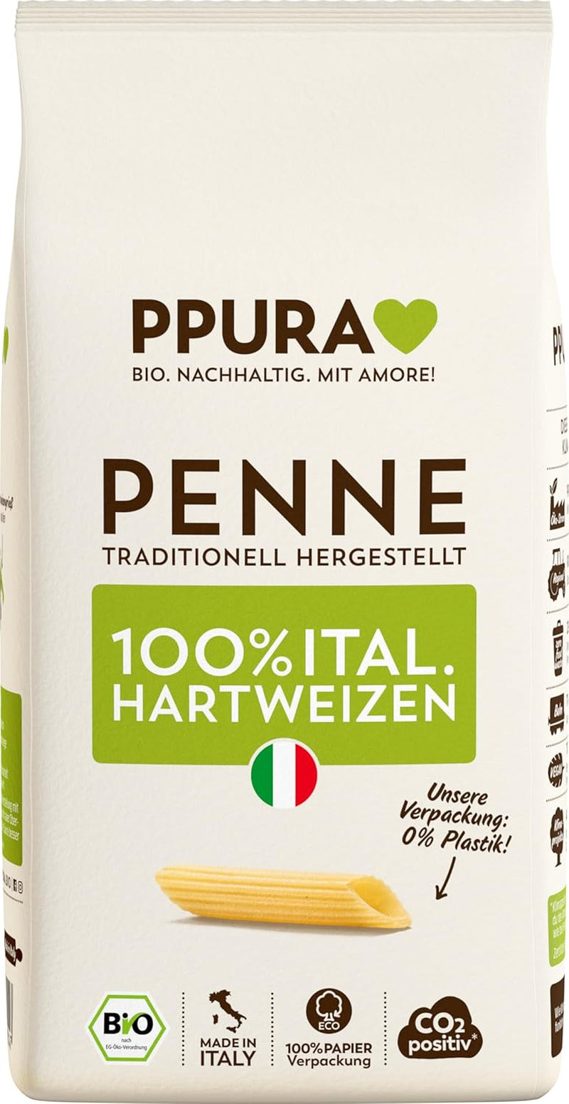 PPURA Pâtes Penne de Blé Dur Bio 500g, Pâtes tubulaires 100% naturelles, Fabriquées en Italie - Pâtes italiennes sans additifs, colorants ni conservateurs