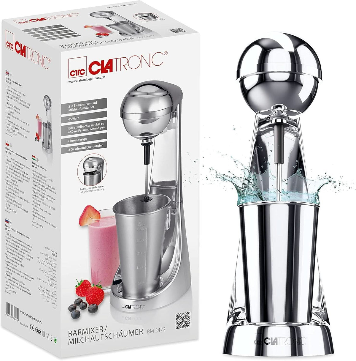 Clatronic® Barmixer U. Milchaufschäumer | Machine à smoothies | 650Ml Bouteilles d'Edelstahlbehälter | Praktischer Becherhalter | Mélangeur | 2 Geschwindigkeitsstufen | Moteur Kraftvoller 65 watts | Chromdesgin | BM 3472 Cuisine Naty Shop