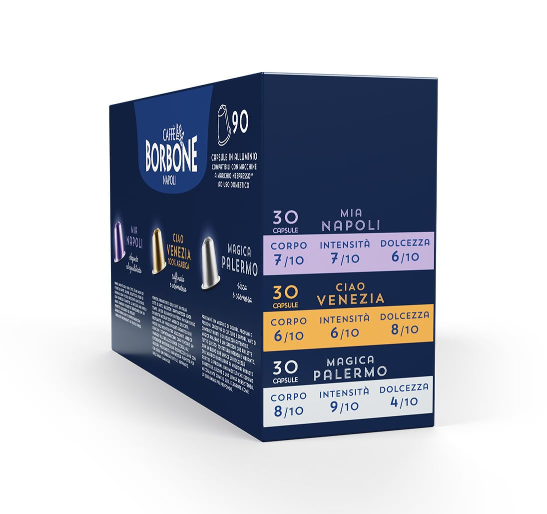 Caffè Borbone Verkostung Kit, 90 capsules en aluminium : 30 Mia Napoli, 30 Ciao Venezia, 30 Magica Palermo, (3 x 30 Stück) – Compatible avec Kaffeemaschinen für den Hausgebrauch de la marque Nespresso®*