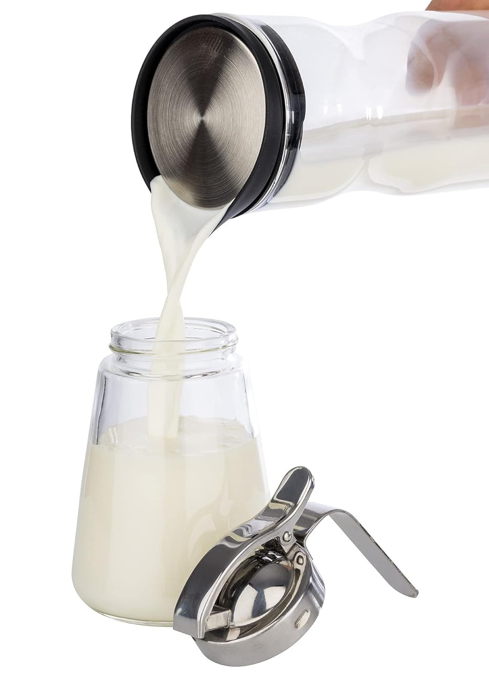 APS 765 Mug universel, mug verseur en verre avec bouchon à vis en acier inoxydable, mug verseur pour miel, café crème ou autres liquides, 8,5 x 12 cm, hauteur 13 cm