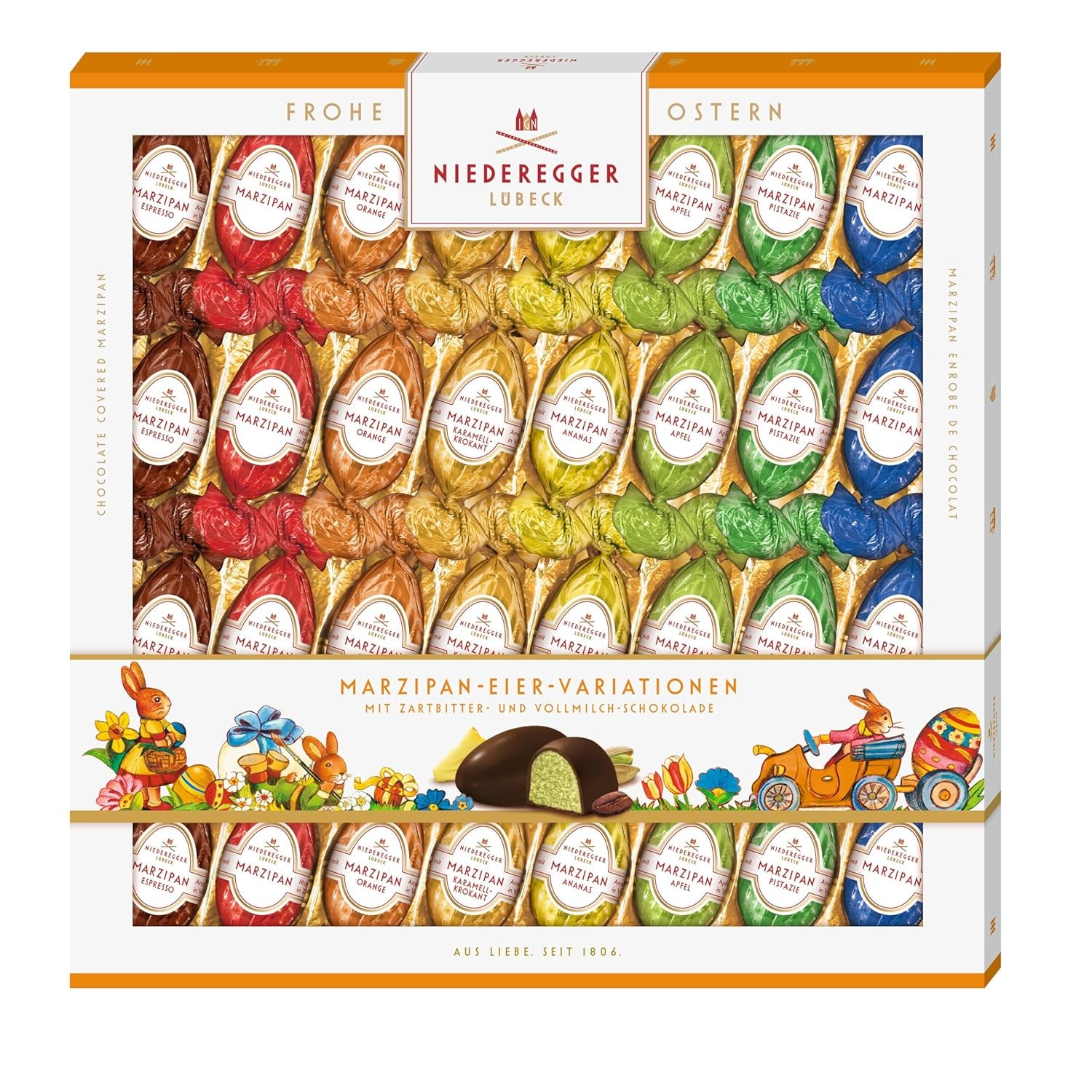 Niederegger | Œufs en pâte d'amande | 1x400g | Variantes : Classique, Chocolat au lait, Orange, Caramel Crunch, Ananas, Pomme, Expresso et Pistache | Enrobé de chocolat noir et au lait | Cadeau de Pâques
