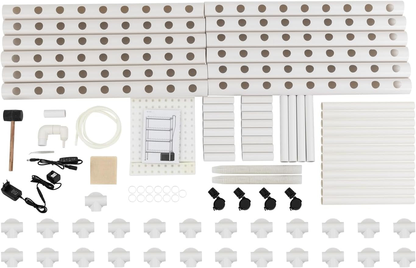 Kit de culture hydroponique avec 108 emplacements de plantation, 4 niveaux avec pompe à eau. Système hydroponique composé de tuyaux en PVC-U de qualité alimentaire pour légumes de maison, de balcon, de jardin et de balcon.