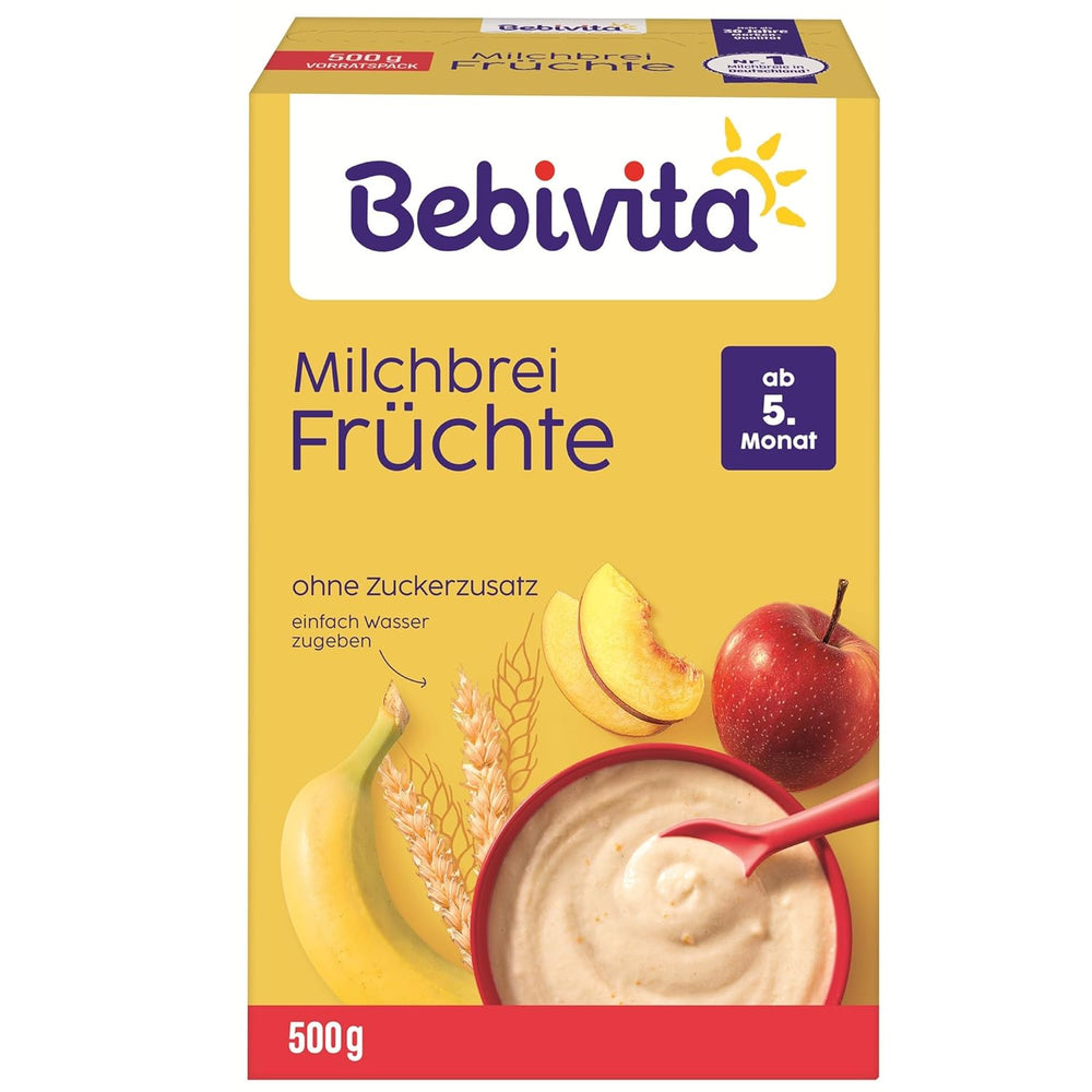 Bouillie de lait aux fruits (4x500g), dès 5 mois, sans sucre ajouté, avec de précieux minéraux et vitamines, très nourrissante