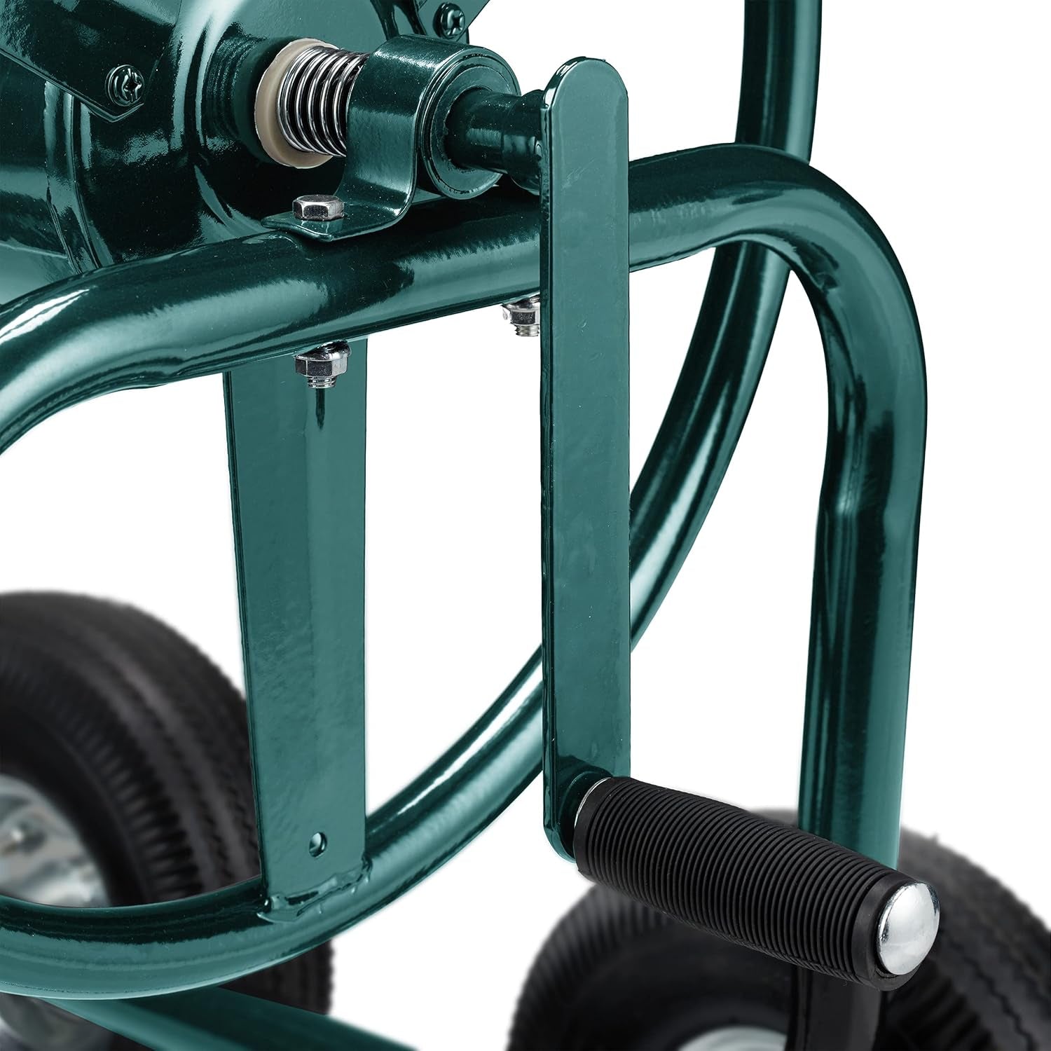 Dévidoir Relaxdays, jusqu'à 90 m, 4 pneumatiques, raccord à clic, enrouleur de tuyau en métal, distributeur de tuyau avec panier, vert