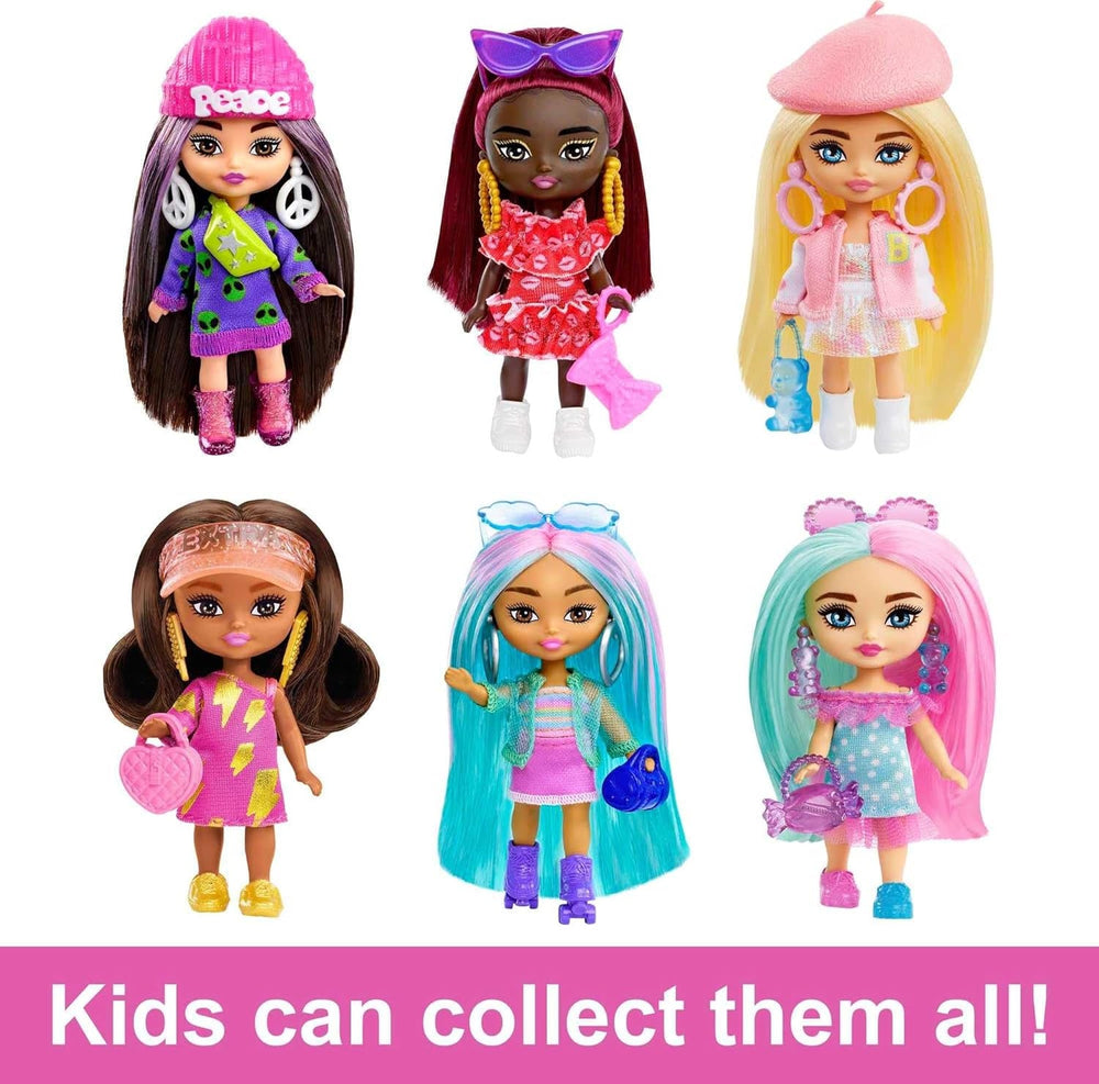 Barbie Extra Mini Minis, Extra Mini Minis Schwarze Barbiepuppe mit roten Haaren, rotem Kleid, Handtasche mit Schleife, Sonnenbrille und anderem Barbiezubehör, Geschenk für Kinder ab 3 Jahren,HLN47