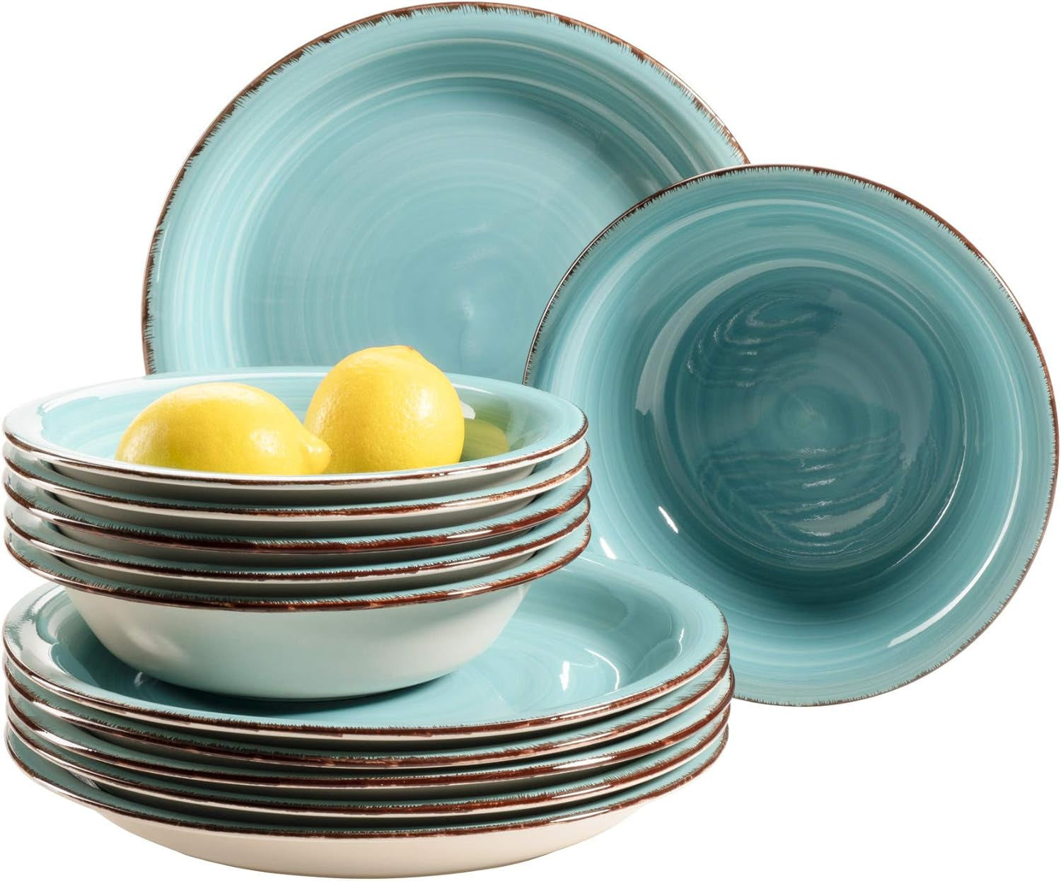 MÄSER Bel Tempo II Teller-Set for 6 Personen im modernen Vintage Look, 12-teiliges Tafelservice, handbemalt, Türkis, Steingut, 27 centimètres