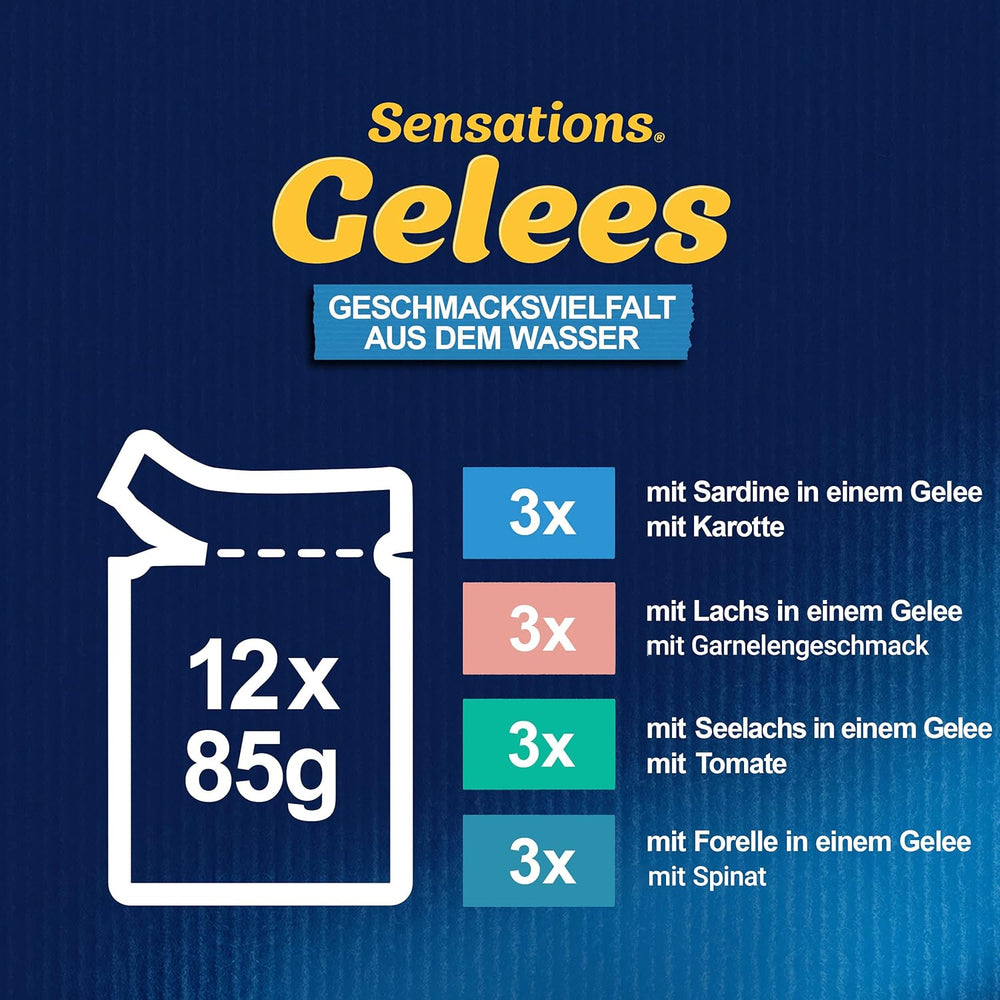 Felix Sensations Hrană umedă pentru pisici în jeleu, mix variat de pește, pachet de 6 (6 x 12 pliculețe a câte 85 g fiecare)