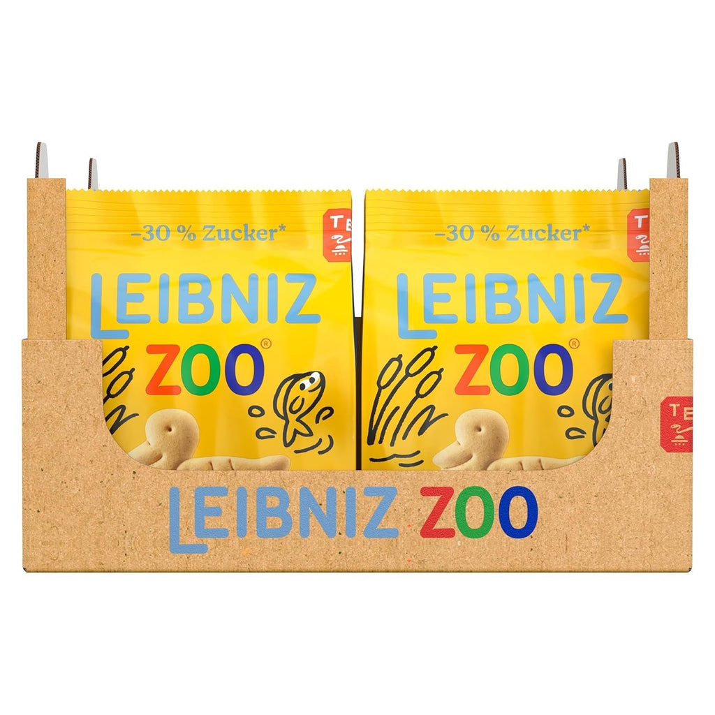 LEIBNIZ ZOO -30% Zahăr, Pachet de 12, Fursecuri cu unt cu motive animale, Fursecuri crocante cu mai puțin zahăr, Pachet vrac pentru stoc sau pentru vânzare (12 x 125 g)