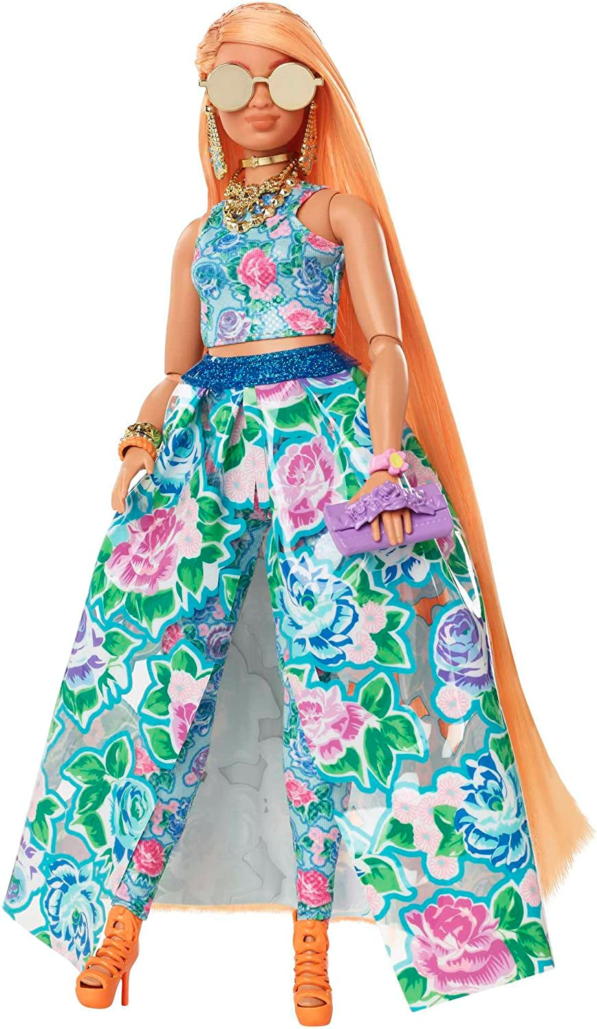 Barbie Extra Fancy, kurvige Langen erdbeerblonden Hair, zweiteiliges Outfit, Blaue Katze, rosa Handtasche, Ananas-Sonnenbrille, inkl Puppe, as Geschenk geeignet,HHN14