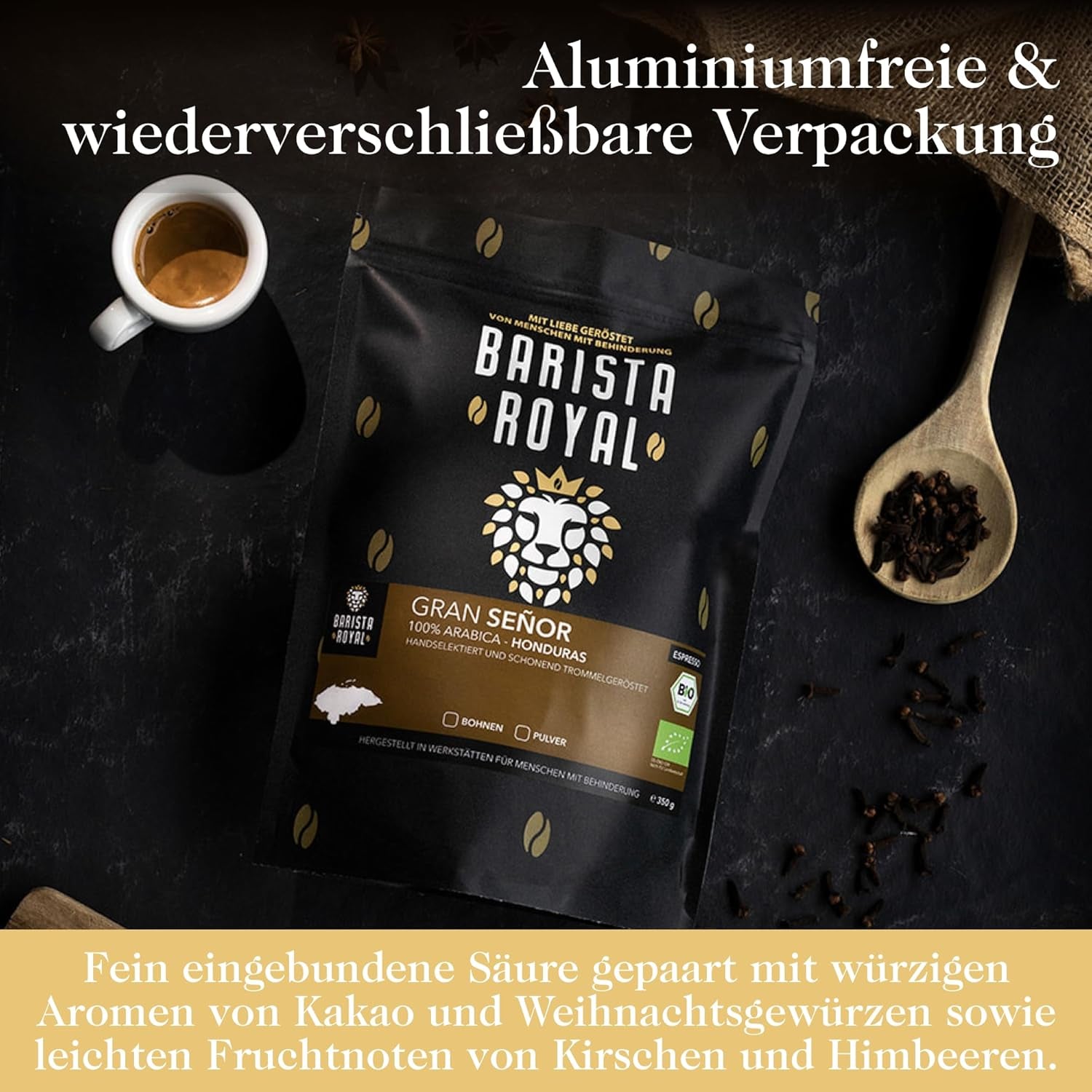 BARISTA ROYAL Bio Espressobohnen 1kg "Gran Señor" | Kaffeebohnen frais directement du Honduras | 100% Arabica Espresso Ganze Bohnen | Idéal pour les machines entièrement automatiques et Siebträger
