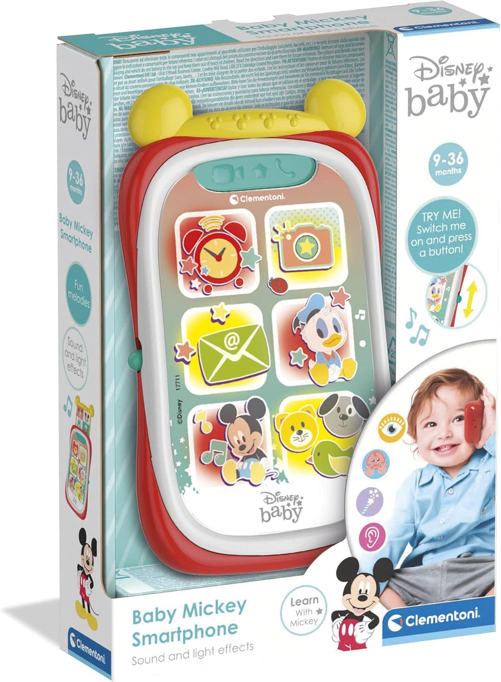 Clementoni 17711 Disney Baby Baby Mickey Smartphone, téléphone portable pour enfants avec effets lumineux et sonores, jouet interactif pour enfants de 9 à 36 mois, M, multicolore Bebe Toys Naty Shop