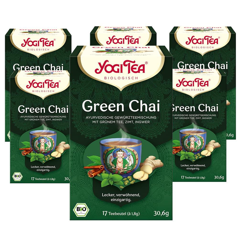 Yogi Tea Green Chai, thé épicé ayurvédique biologique, mélange de cannelle, menthe, thé vert, gingembre, cardamome et clou de girofle, 6 x 17 sachets de thé (102 sachets de thé au total)