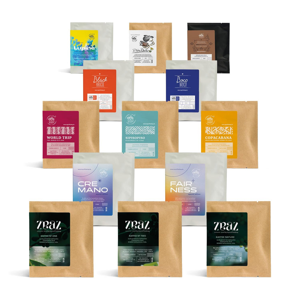 Coffret dégustation Mycoffeebag avec tous les assortiments | Café filtre haut de gamme au bon goût | Coffret cadeau avec 13 sachets de café en grains 100% Arabica | Légèrement rôti à la main