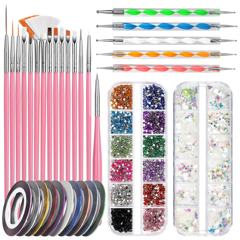 FANDAMEI Nail Art Brush Set, 15 pièces de pinceaux pour pinceaux à ongles en gel, 5 pièces de stylos à points, 10 rouleaux de pinceaux à bandes, des pinceaux à strass, des paillettes ultra fines pour vernis à ongles