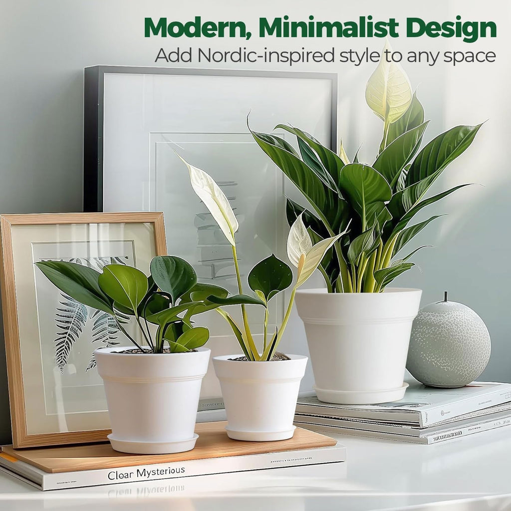 T4U Ghiveci de flori din plastic de 16 cm cu farfurie, set de 6 ghivece din plastic pentru plante aromatice cu găuri multiple de drenaj, ghiveci rotund pentru plante suculente de interior și balcon, cactuși, alb