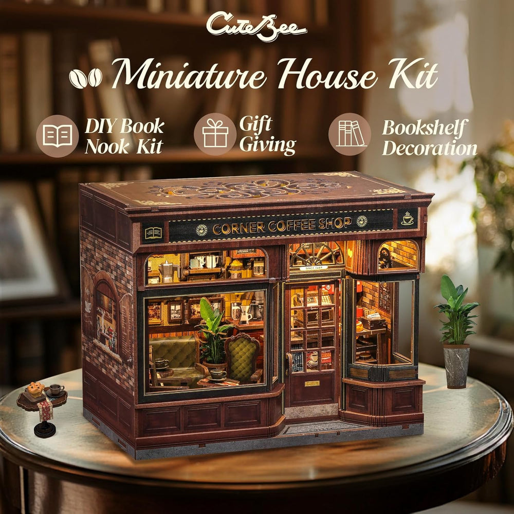 CUTEBEE Kit d'angle de livre – Maisons de poupée à monter soi-même, kit de construction de maison miniature éclairée par LED pour adultes, puzzle 3D en bois et support de livre – Décoration d'étagère et cadeau (coin café)