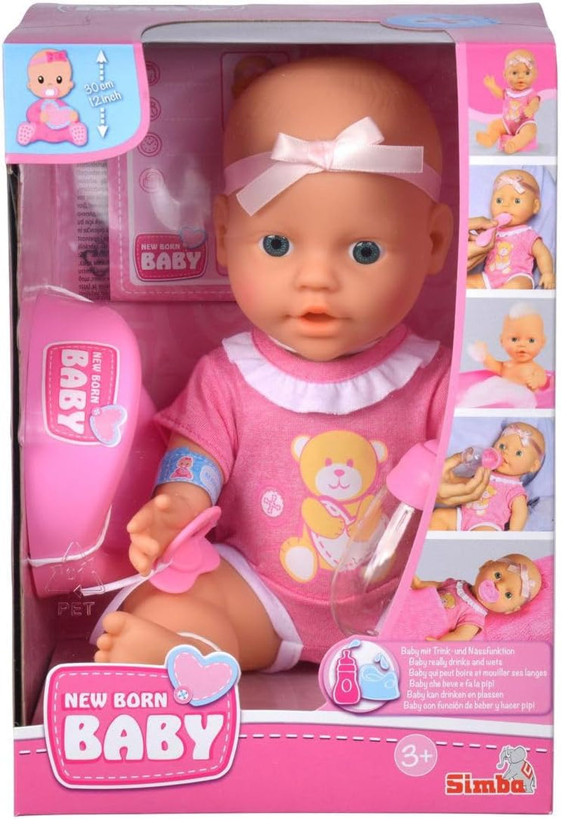 Simba 105030069 - New Born Baby Puppe, Vollvinylpuppe mit Trink- und Nässfunktion, mit Geburtsurkunde und Zubehör, 4 Teile, 30cm, Babypuppe, ab 3 Jahre