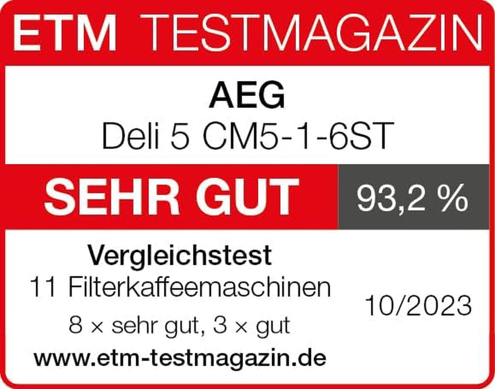Machine à expresso AEG Deli 5, 1,5 l, minuterie programmable, fonction maintien au chaud, arrêt de sécurité, indicateur de niveau d'eau, dosage optimal, fonction anti-goutte, acier inoxydable, CM5-1-6ST