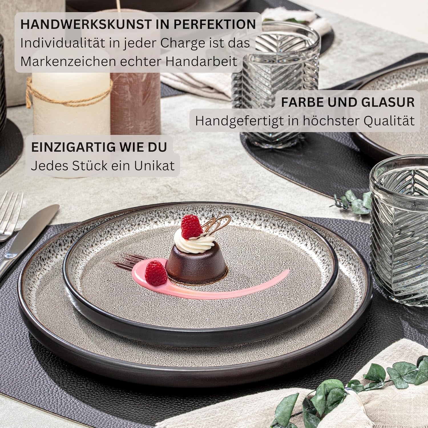 SÄNGER Louxor | Service de table en grès, 18 pièces, service d'assiettes pour 6 personnes, service de table (6 assiettes plates, 6 bols à céréales, 6 assiettes à dessert), vaisselle marron-beige résistante aux rayures | LA COLLECTION VALEUR