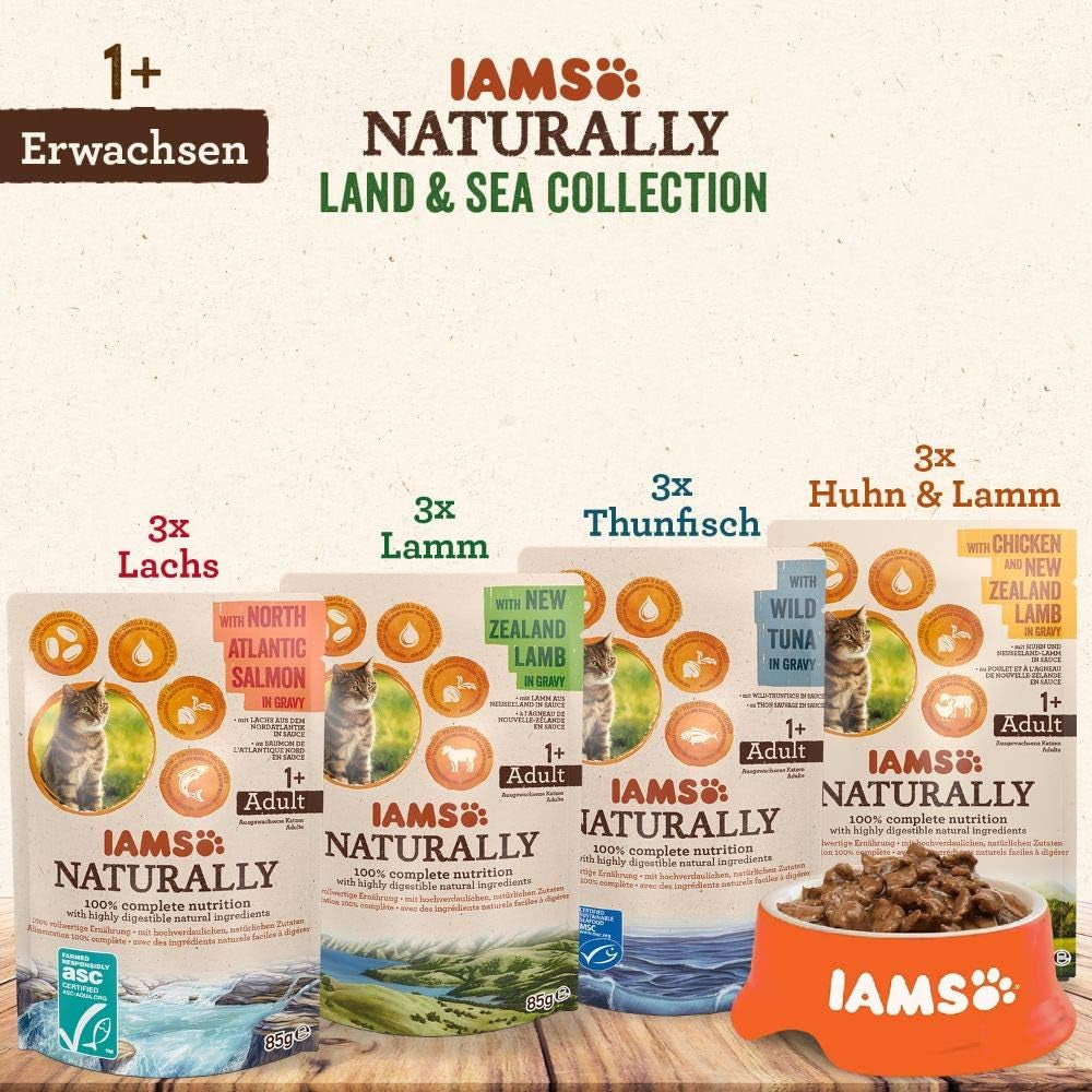 IAMS Hrană umedă naturală pentru pisici în sos - Hrană umedă de înaltă calitate cu carne și pește pentru pisici adulte, Colecția Land & Sea, 12 x 85 g