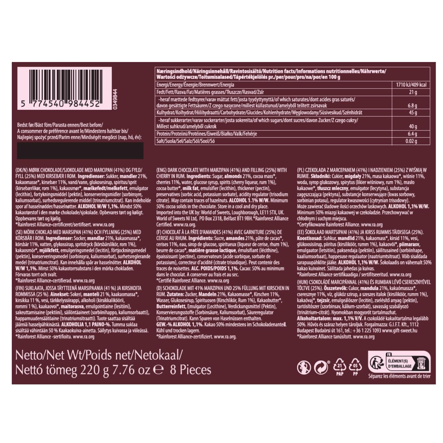 Cerises au rhum – 220 g – 8 pièces de chocolat noir avec gelée de cerises et rhum – Spécialité de pâte d'amande aux fruits et alcool – Chocolat à l'alcool – Idée cadeau