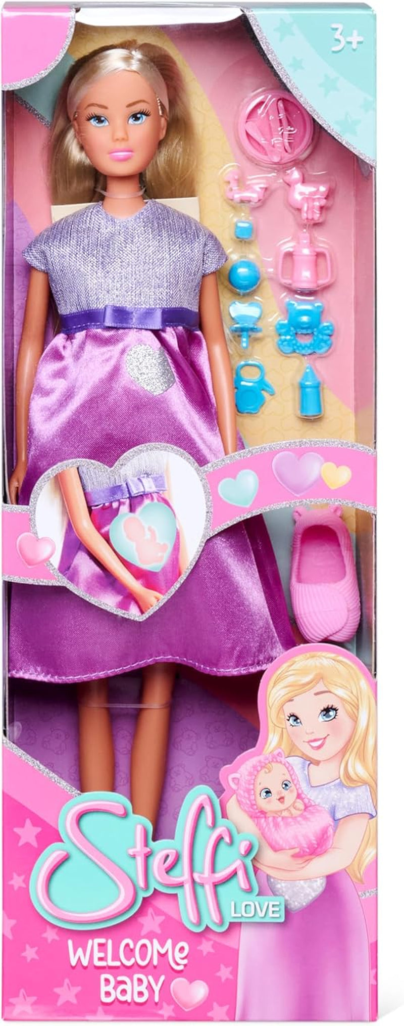 Simba Steffi Love Welcome Baby 29 cm – Schwangere Steffi mit Kind, 12-teiliges Zubehör-Set für Rollenspiele, Modepuppe mit Baby-Puppe 4 cm, Spielzeug für Kinder ab 3 Jahre