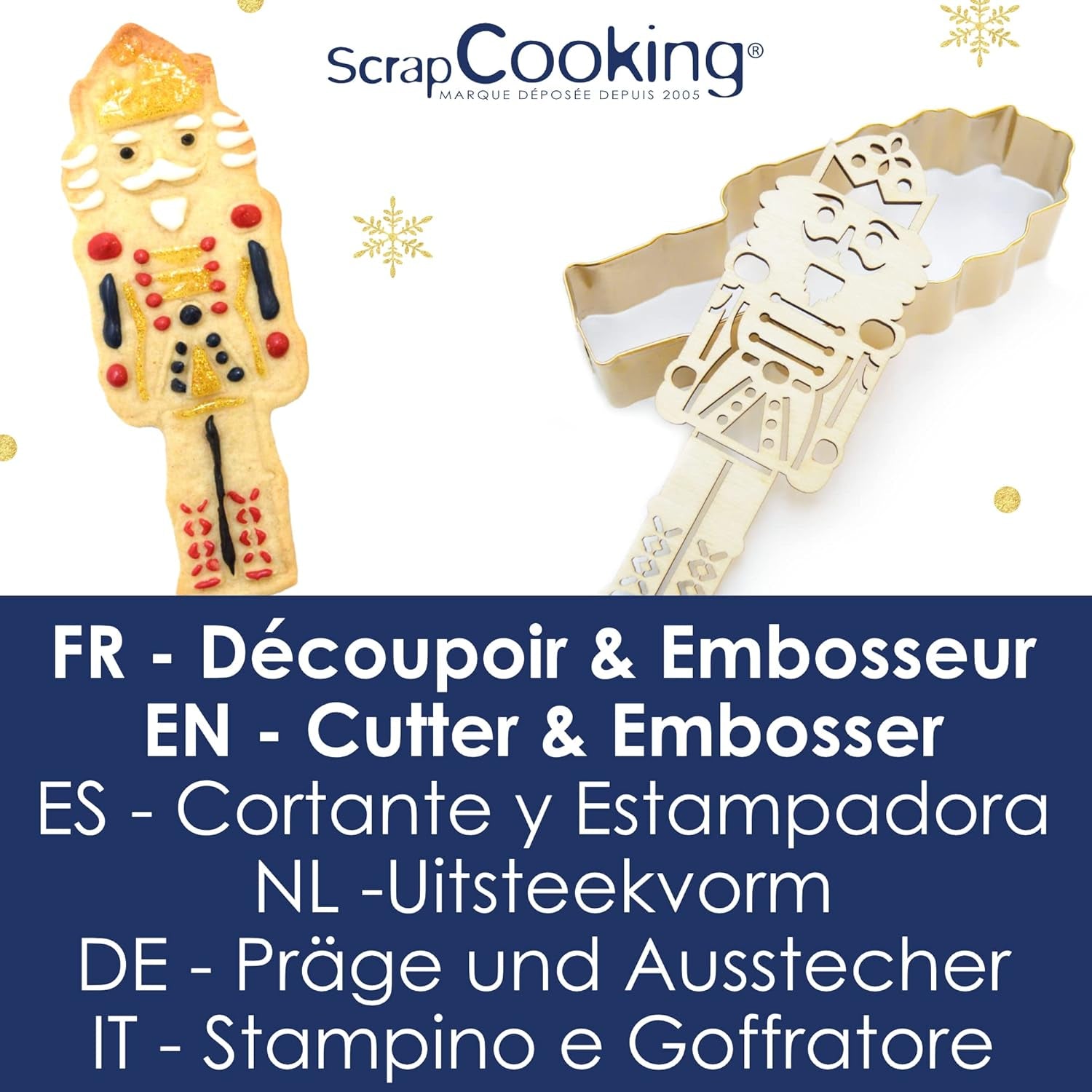 ScrapCooking - Set d'Emporte-pièces + Embosseur Casse-Noisette en Bois - Emporte-pièce de Noël en Acier Inoxydable pour Biscuits en Relief - Accessoire de Moule de Cuisson Sablé - Couleur Or - 2097
