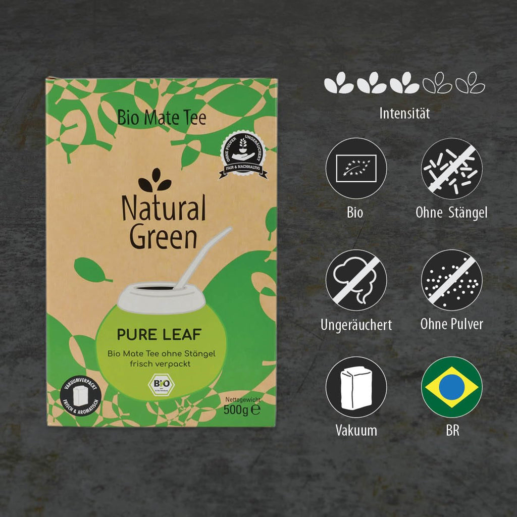 Delicatino - Verde natural PURE LEAF 500G, yerba mate organic fără tulpini, proaspăt și fără fum, cultivat ecologic, ambalat în vid pentru prospețime maximă