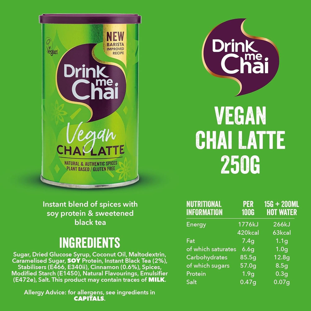 Drink Me Chai Vegan Chai Latte 250 g (pachet de 1), se adaugă doar apă, pudră vegană Chai Latte (16 porții în total)