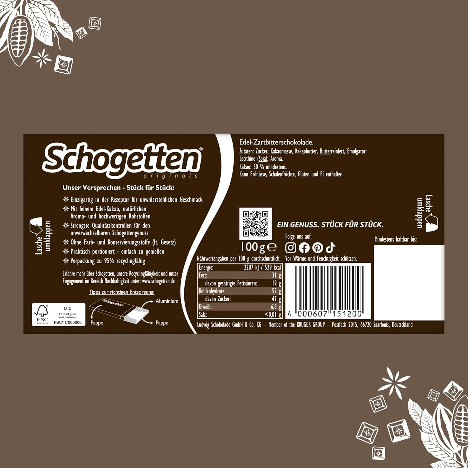 Chocolat noir Schogetten (50% de cacao), 100 g