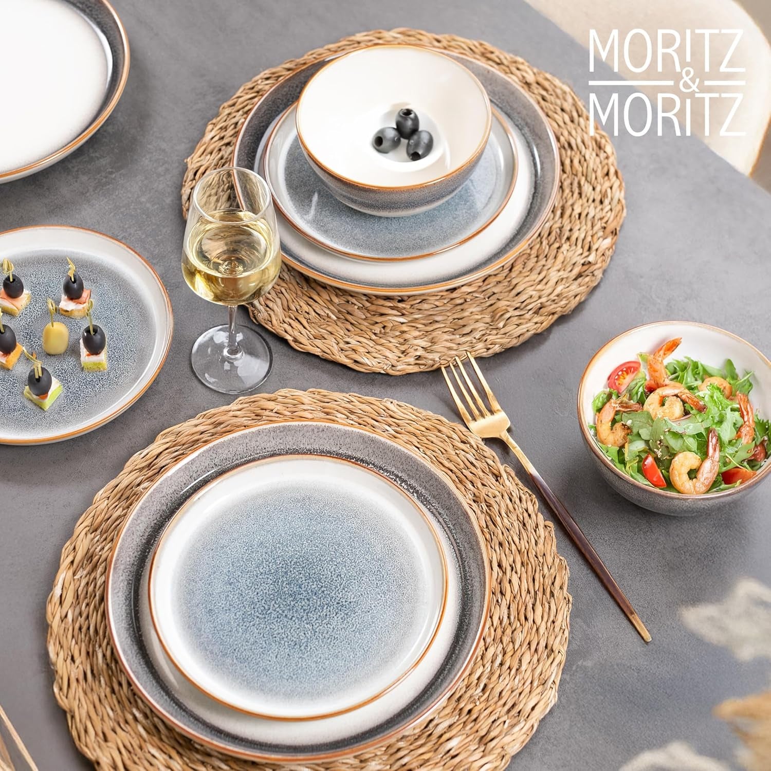 Moritz & Moritz TARENTO Service de table 24 pièces pour 6 personnes, gris – Service d'assiettes élégant en grès de haute qualité – Le service de table comprend 6 assiettes plates, 6 assiettes à dessert, 6 assiettes plates et 6 tasses.