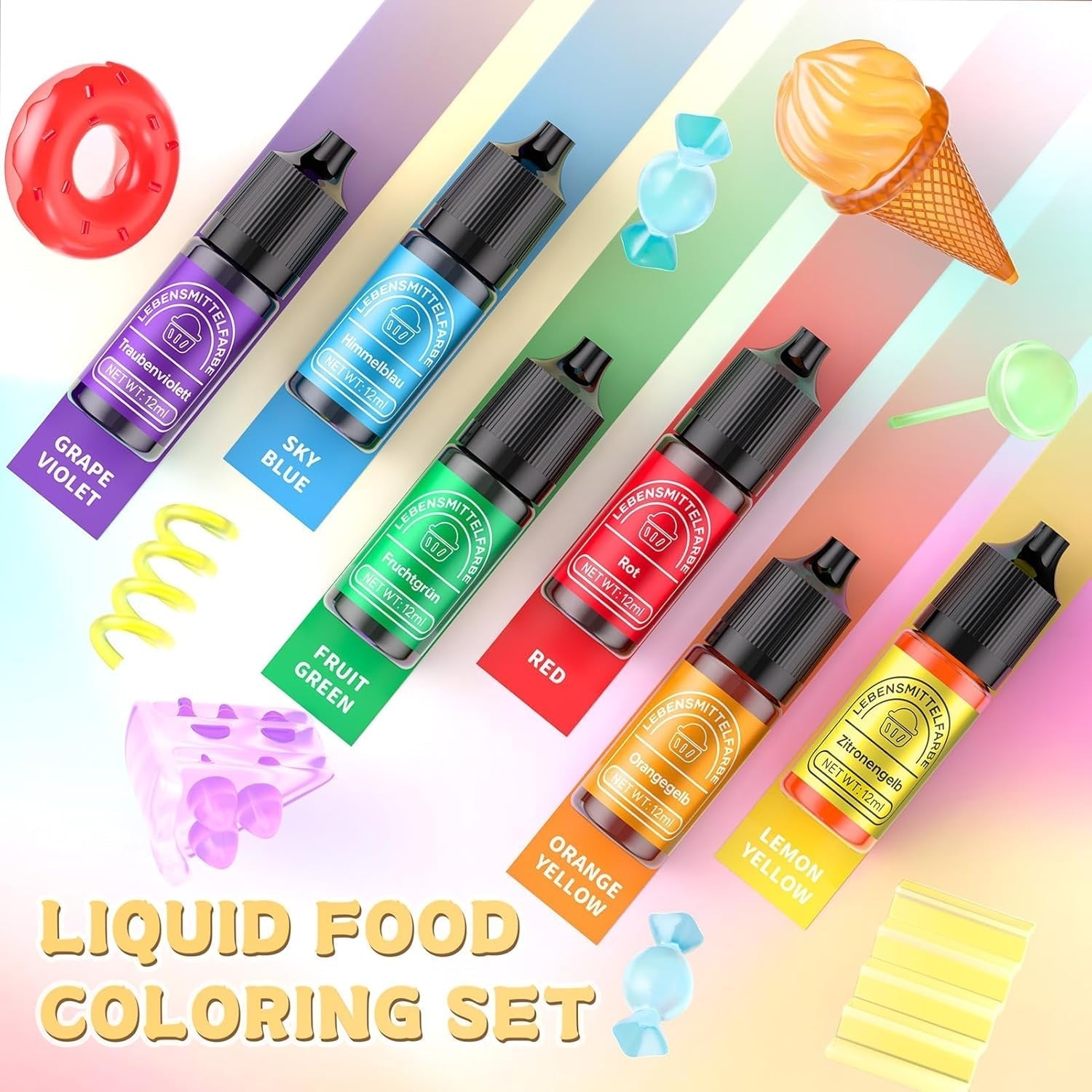 Colorant alimentaire 6 couleurs x 12 ml, colorant alimentaire liquide hautement concentré pour la pâtisserie, kit de colorants alimentaires pour fondants, gâteaux de Noël, macarons, beignets, biscuits (arc-en-ciel)