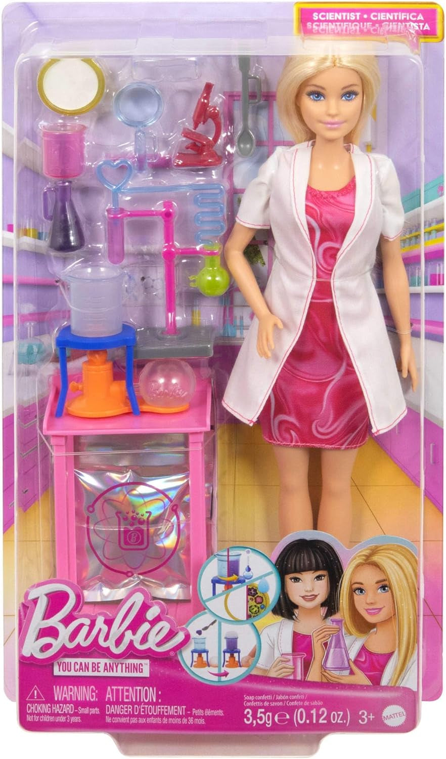 Barbie păpușă om de știință și accesorii cu păpușă blondă la modă, masă de laborator, microscop, caser cu schimbare de culoare și vas Petri, JCR70 Papusi Naty Shop