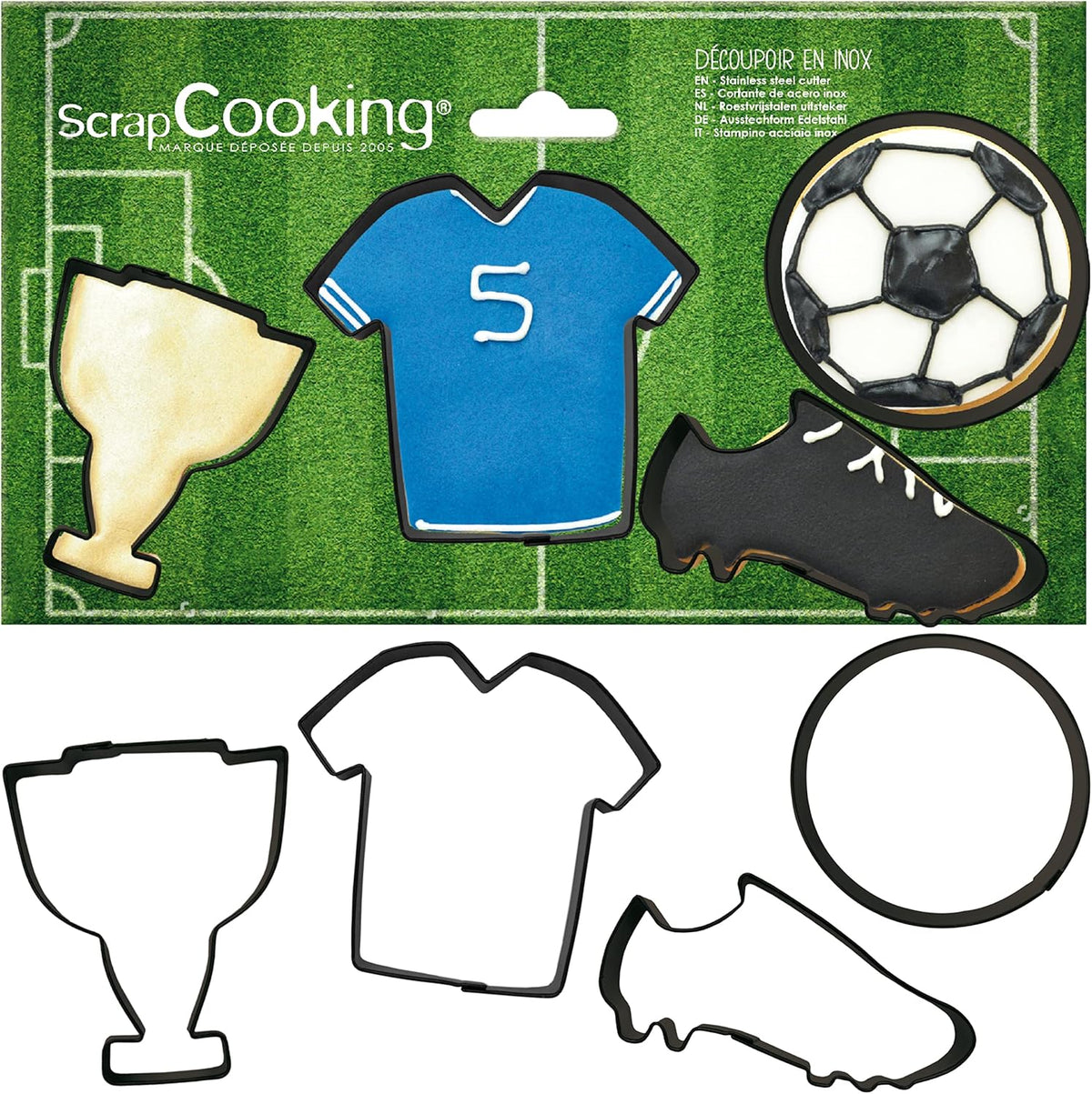 SCRAP COOKING 4 Emporte-pièces en Forme de Football - Emporte-pièces en Acier Inoxydable - Football, T-Shirt, Chaussure, Tasse - Mini Moules à Gâteaux - Accessoires de Pâtisserie, Décorations d'Anniversaire - 2086