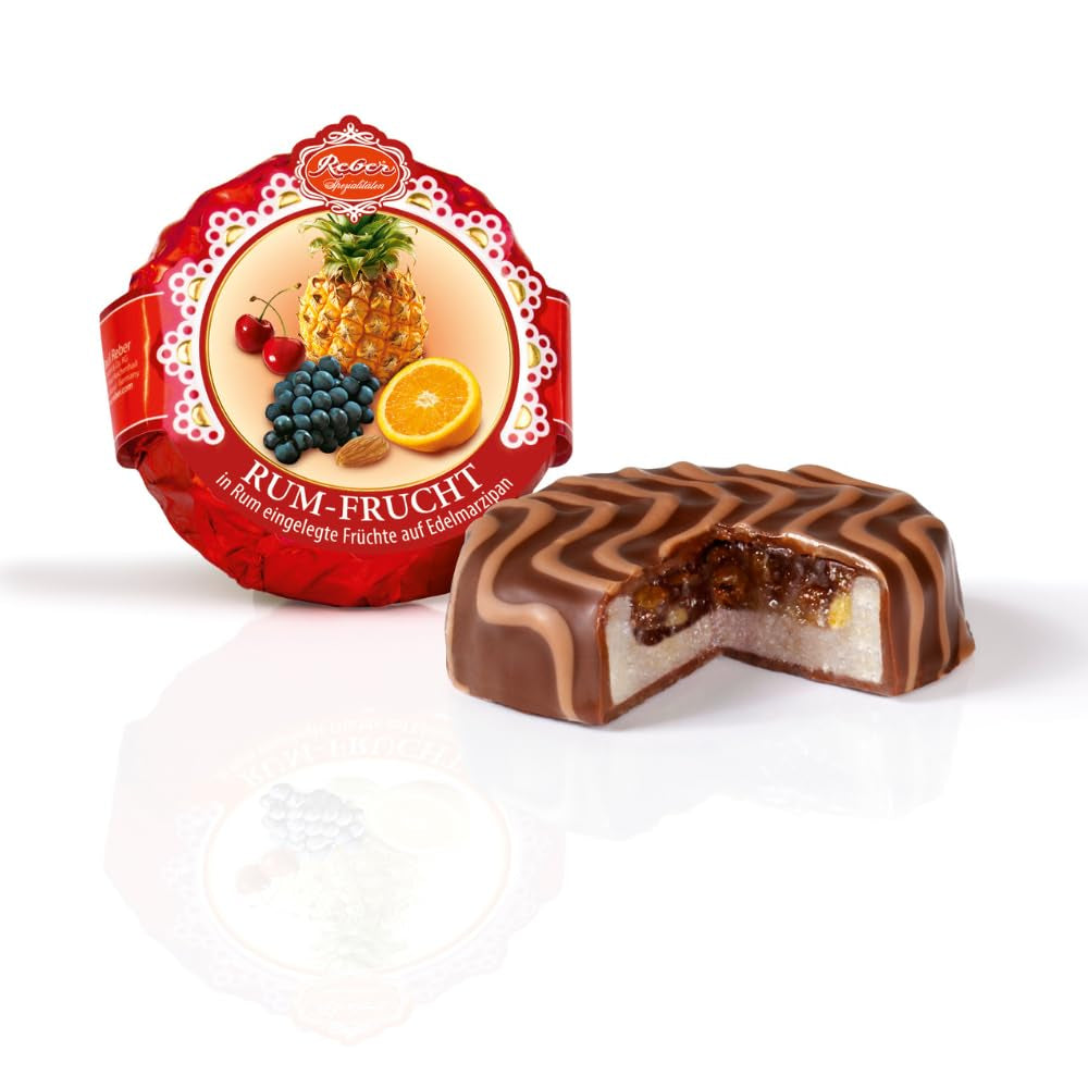Pâte chocolatée au rhum et fruits du Reber, fruits trempés au rhum sur pâte d'amande fine, recouverte de chocolat noir fin, 39g (1 pièce)