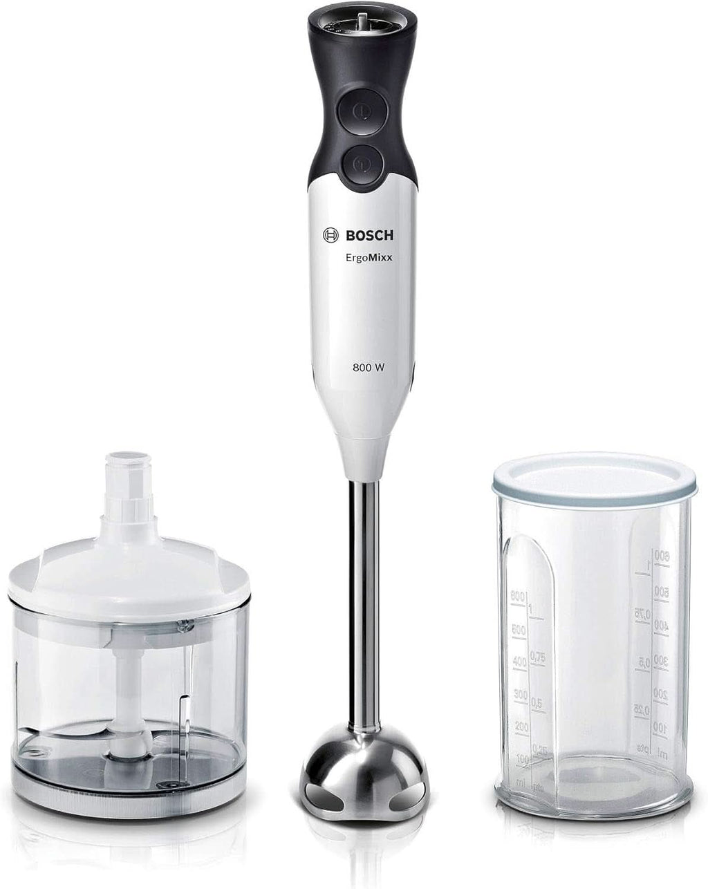 Bosch Stabmixer Ergomaster Serie 4 MSM4W220, Zerkleinerer, Einhändig Bedienbar, Edelstahl-Klingen, Verschleißfreie Keramik-Kupplung, Mixbecher, Quattroblade, Antisplash, Einschaltsperre, 600 W, Weiß Mama si Copilul Naty Shop Weiß/Anthrazit Ergomixx 800 W