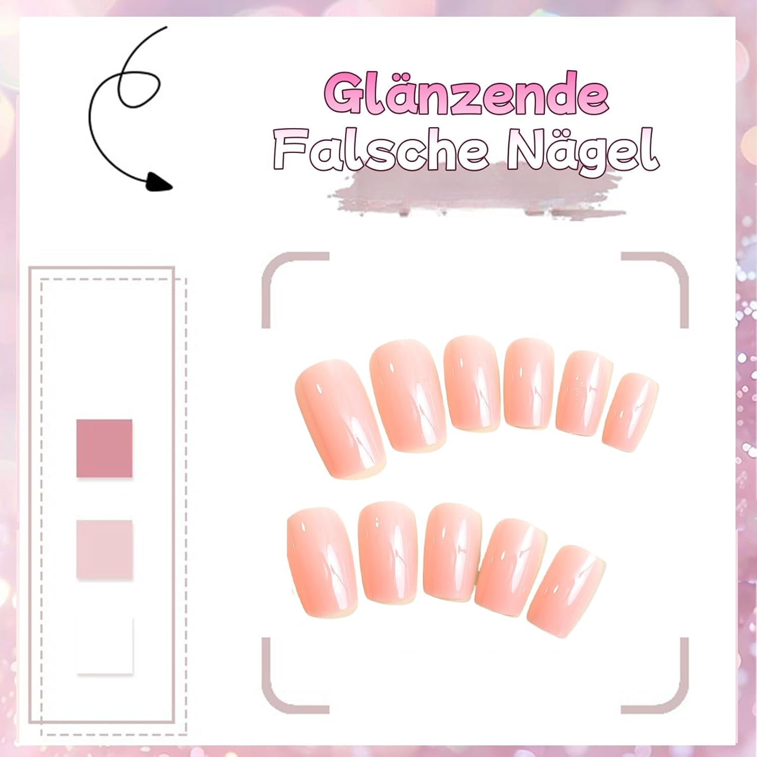 24 pièces rose couleur unie faux ongles auto-adhésif neutre faux ongles moyen carré gel doux pour les femmes bricolage couverture complète paillettes faux ongles