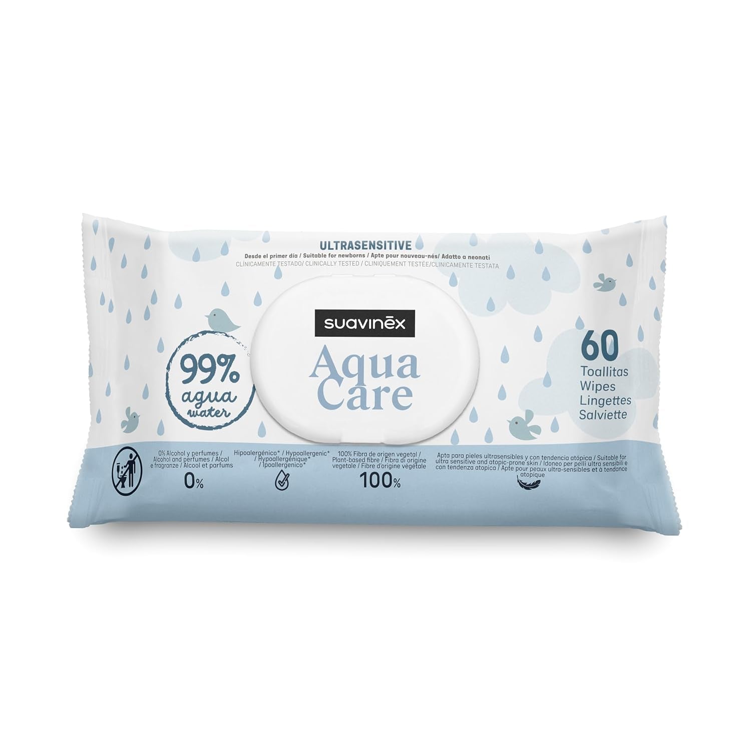 Suavinex Aqua Care Baby Wet Wipes 60 Count Lingettes nettoyantes 99 % d'eau Fibre végétale Aloe Vera Sans parfum Sans alcool Testé dermatologiquement Convient aux peaux sensibles