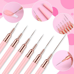 6 pièces Liner Nailart Pinsel Nageldesign Pinsel Set Dünn Acryl Nagelpunkt-Zeichenwerkzeug Nägel Dünne Nagelpinsel Set pour Lange Linien, Dünne Détails, Fines Zichnen 5/7/9/11/15/25 Mm (Rose)