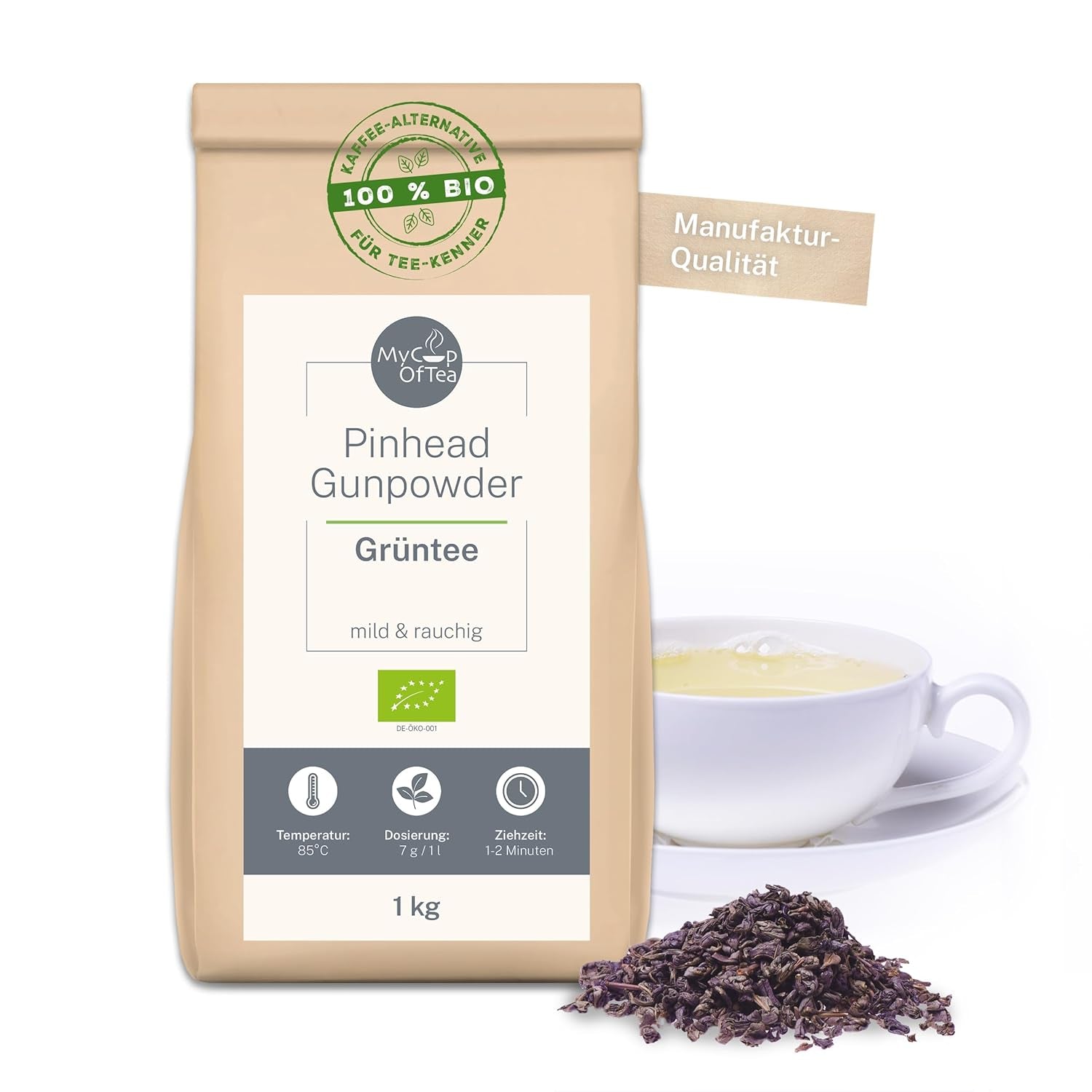 Ceai verde organic Pinhead Gunpowder vrac 1 kg – Ceai verde de înaltă calitate, organic, din China – Gust ușor afumat – Pentru gurmanzi și cunoscători de ceai – Mycupoftea