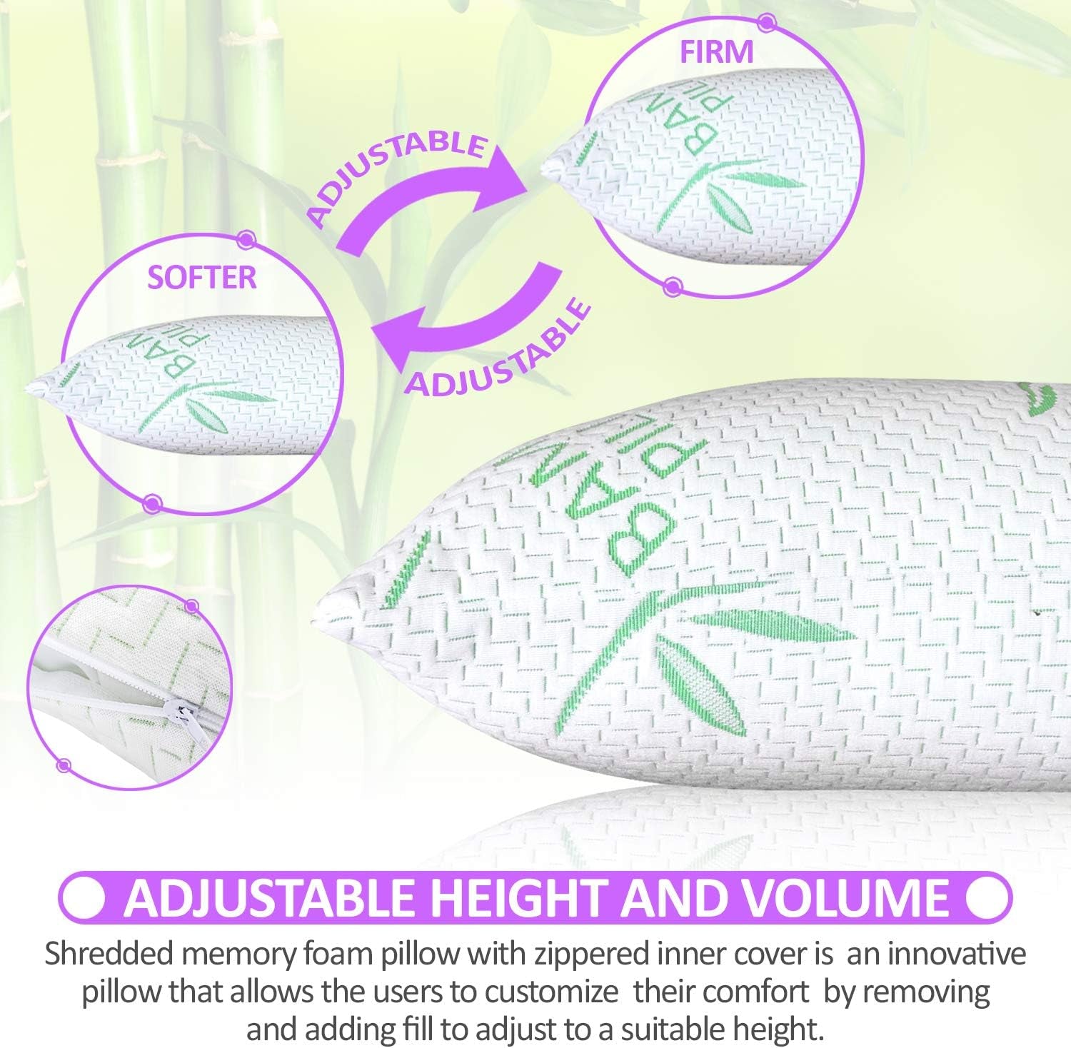 Lot de 2 oreillers en bambou King Size – Oreiller de lit réglable en mousse à mémoire de forme déchiquetée – Dos, ventre, dormeur latéral, housse amovible, alternative rafraîchissante au duvet d'hôtel, King (lot de 2) Naty Shop Oreillers standard