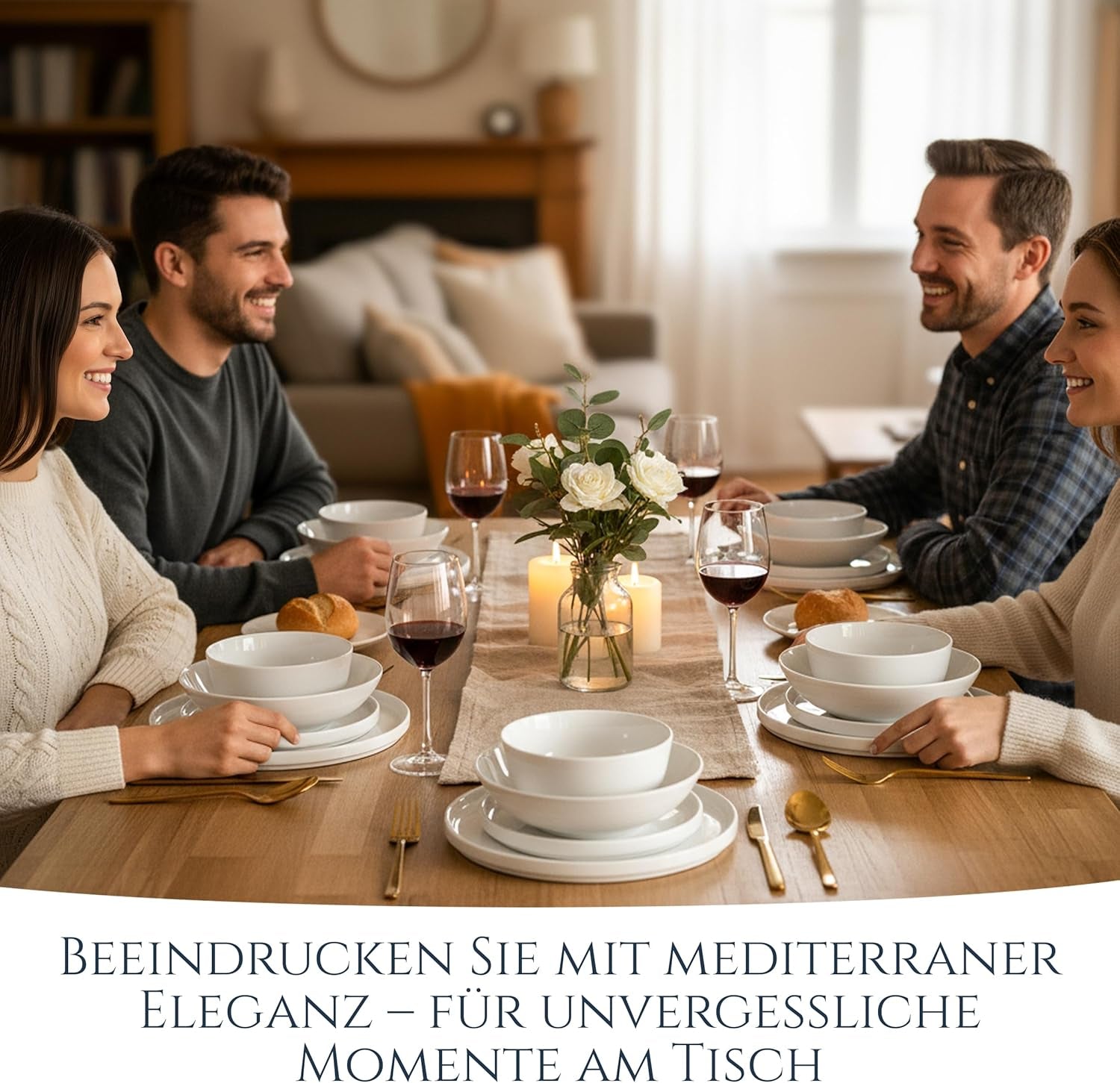 Service de table en porcelaine Crystal 48 pièces, gagnant du test, service de table en porcelaine transparente, bols et assiettes, service de table pour 12 services de table Pure Living en blanc