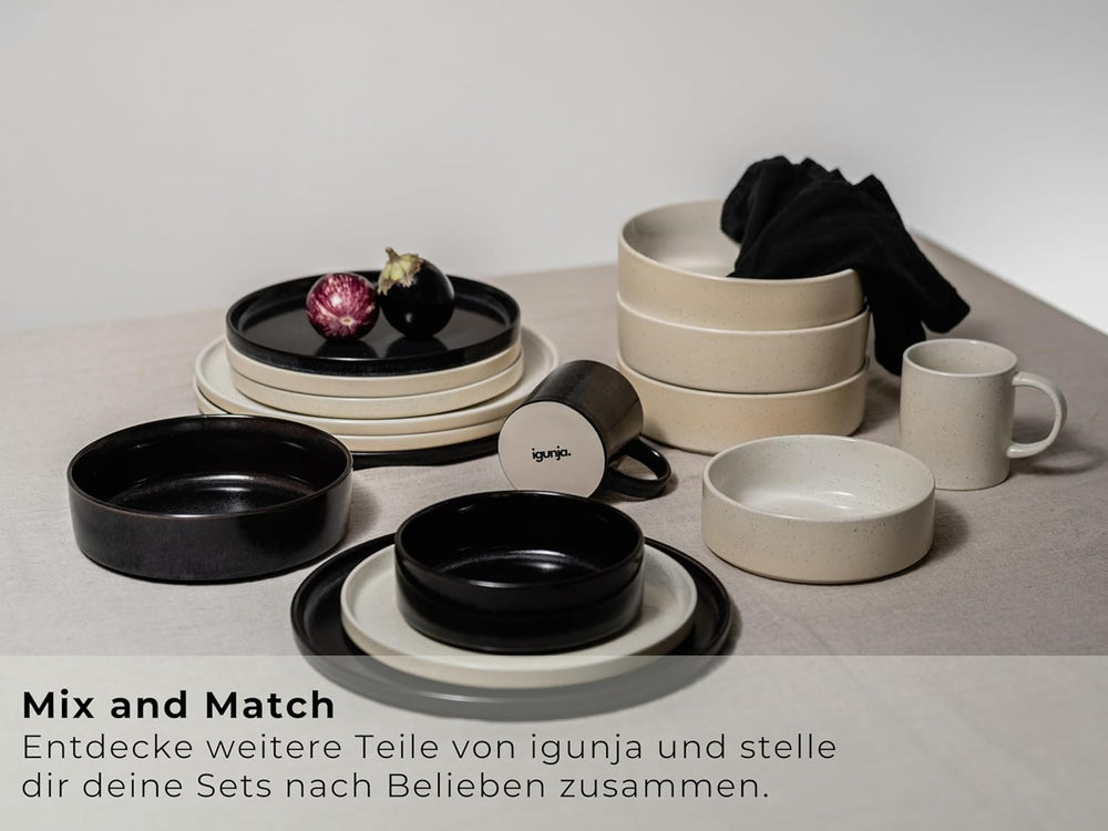 Ensemble de bols et assiettes en grès noir [12 pièces pour 4 personnes] Ensemble de vaisselle noir 100 % fait main avec glaçage réactif de qualité supérieure