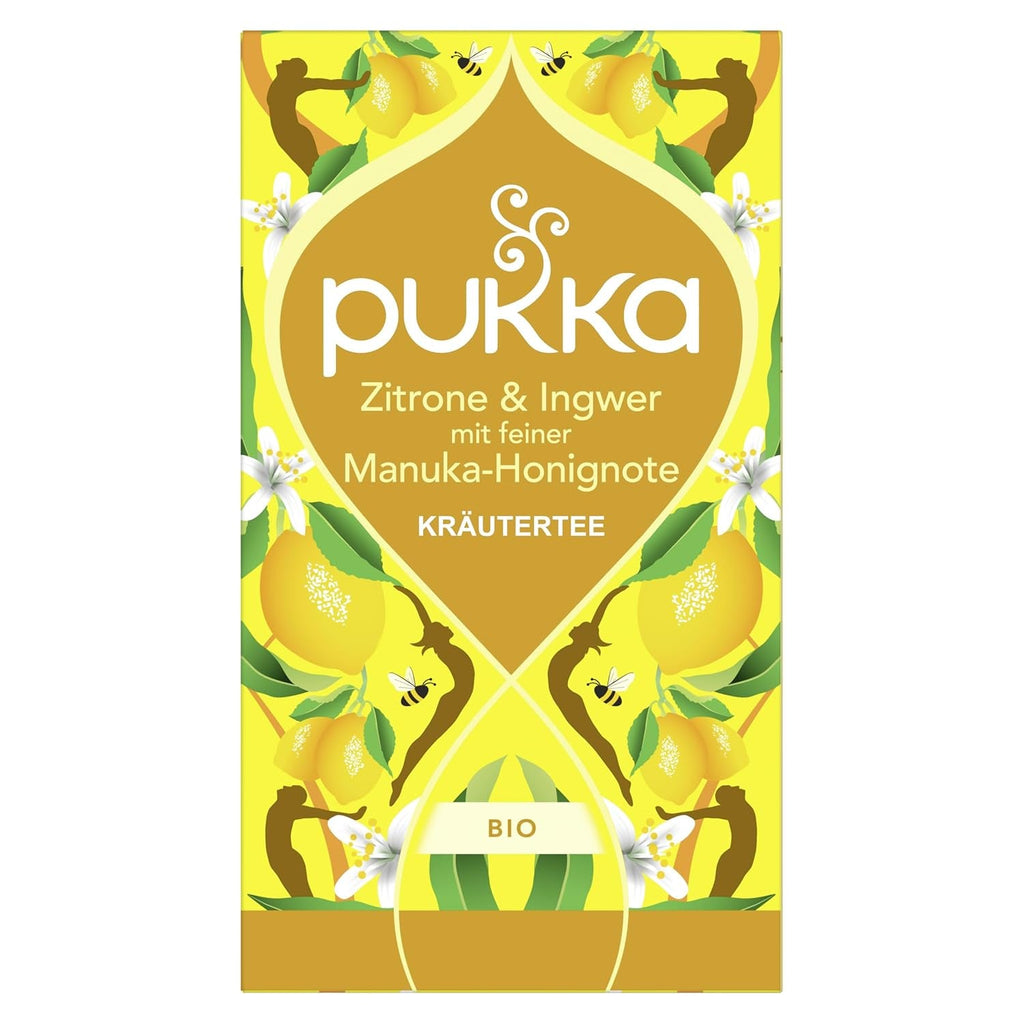 Pukka | Amestec de ceaiuri aromatizate bio „Lămâie și ghimbir cu o notă fină de miere de Manuka” | Încălzește-te și relaxează-te cu acest ceai | Pachet de 1 | 20 pliculețe de ceai