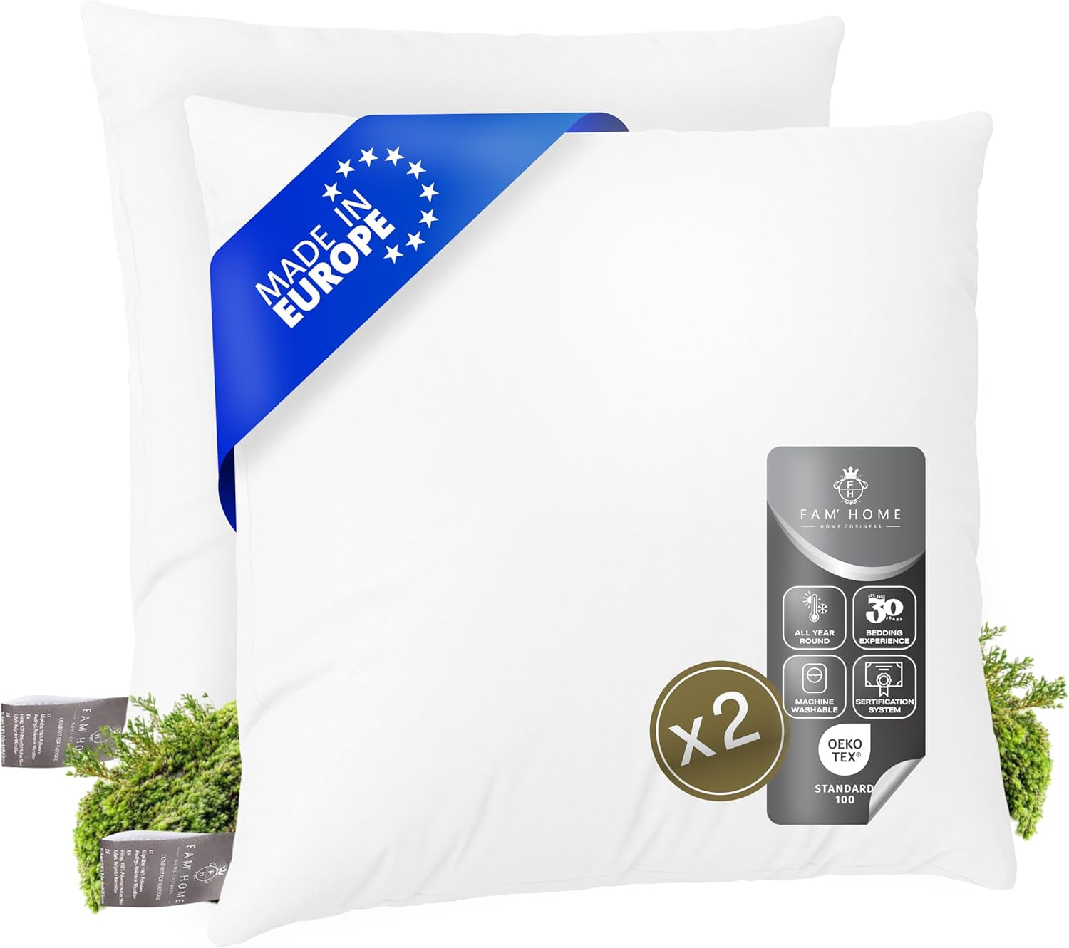 FAM Home Pernă 80X80 Set de 2 Microfibre moi - Pernă 80X80 Suferă de alergii Cu suport optim pentru gât și cap - Pernă interioară Respirabilă Reglarea umidității Antibacteriană Perne ortopedice cervicale Naty Shop Set de 2 60X60 Cm