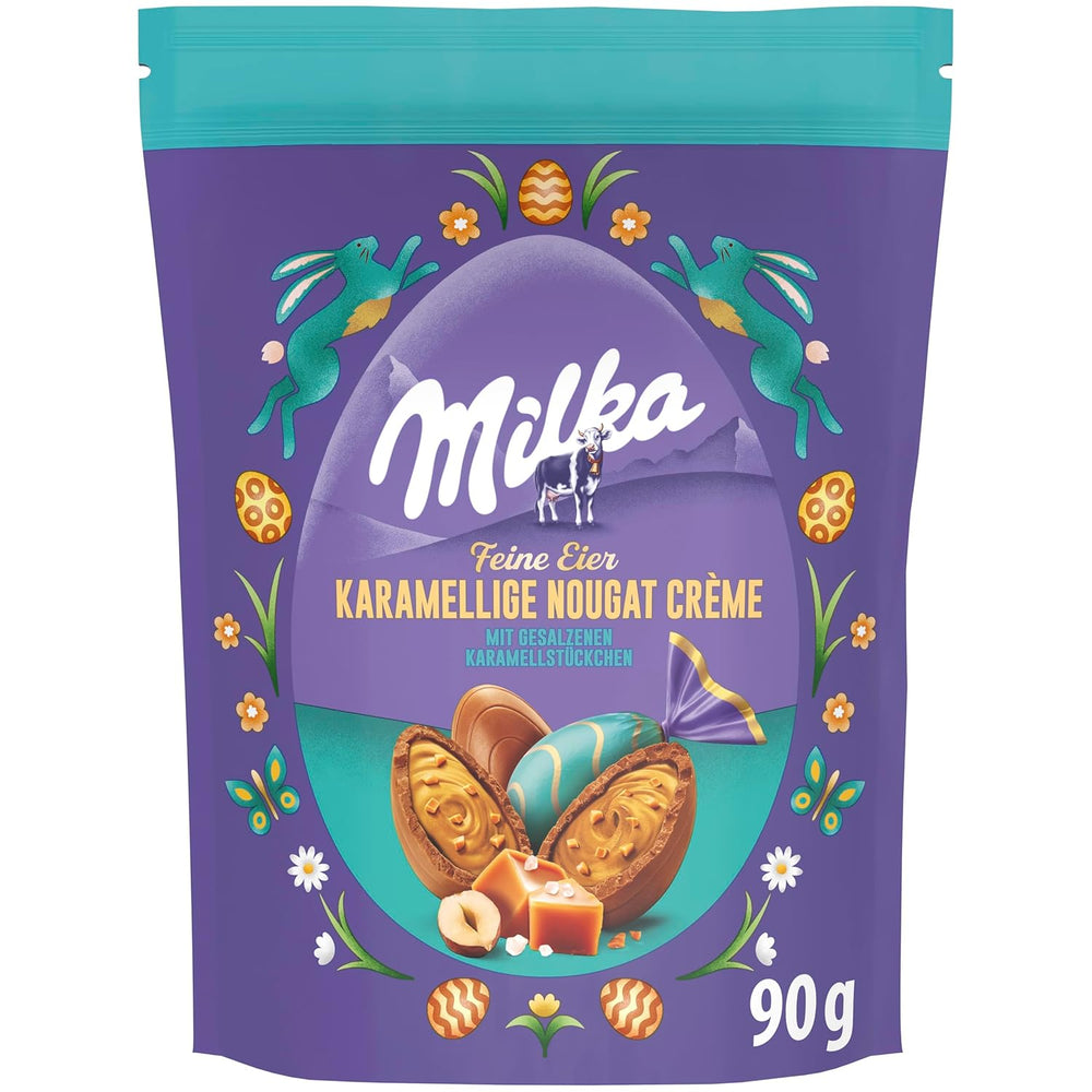 Oeufs fins Milka - fourrés à la crème de caramel et au nougat et morceaux de caramel au beurre salé - 90g