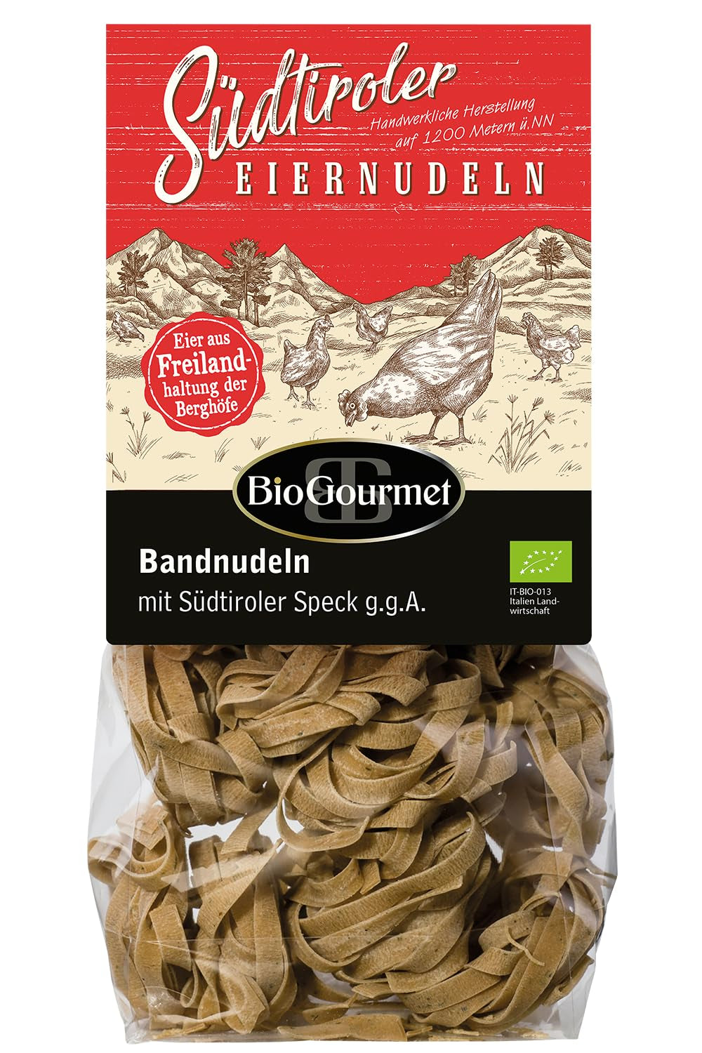Nouilles en ruban BioGourmet au Schüttelbrot du Tyrol du Sud (IGP) | Nouilles aux œufs salées et aromatisées au véritable speck du Tyrol du Sud | 1 x 250g Bio